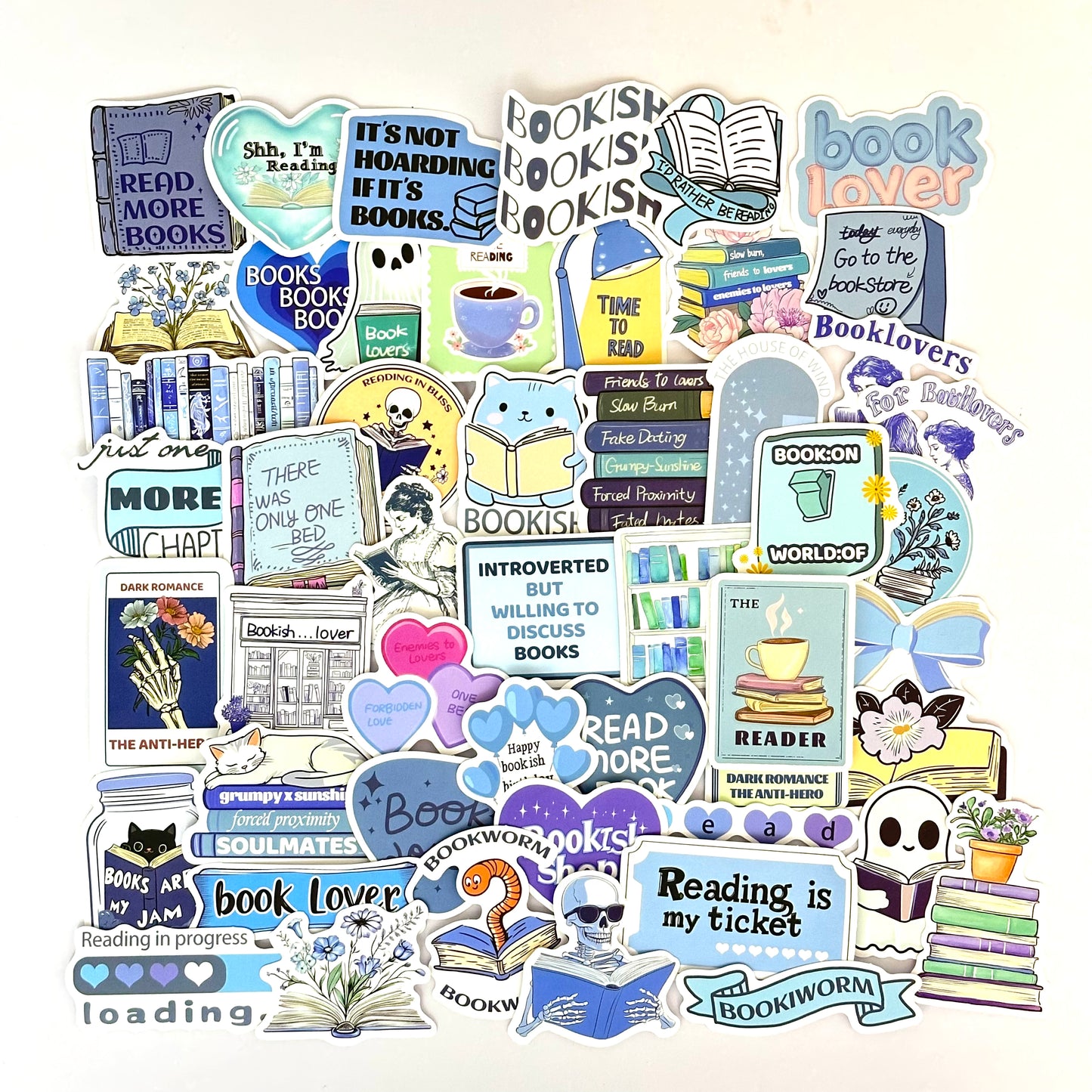 Bookish blue stickers with matte finish, 50-piece pack featuring cozy blue and pastel-toned bookish designs