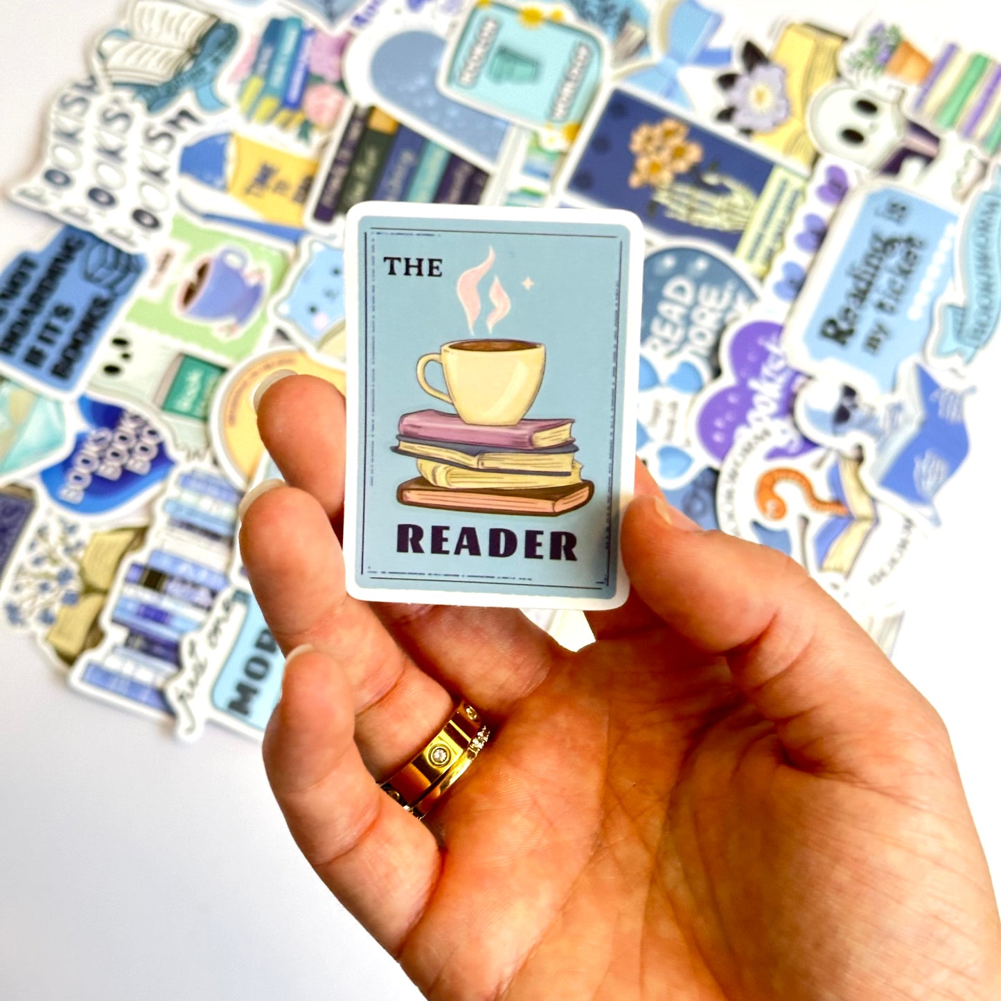 Bookish blue stickers with matte finish, 50-piece pack featuring cozy blue and pastel-toned bookish designs