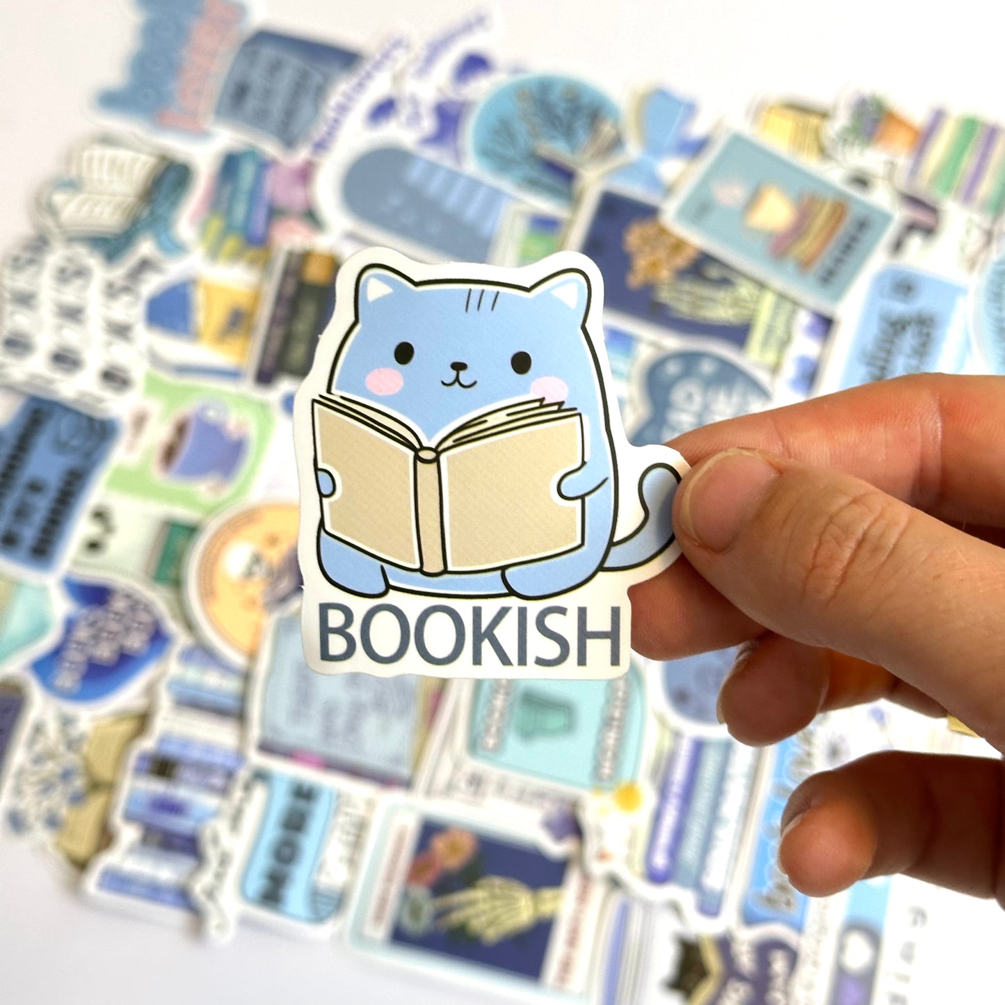 Bookish blue stickers with matte finish, 50-piece pack featuring cozy blue and pastel-toned bookish designs