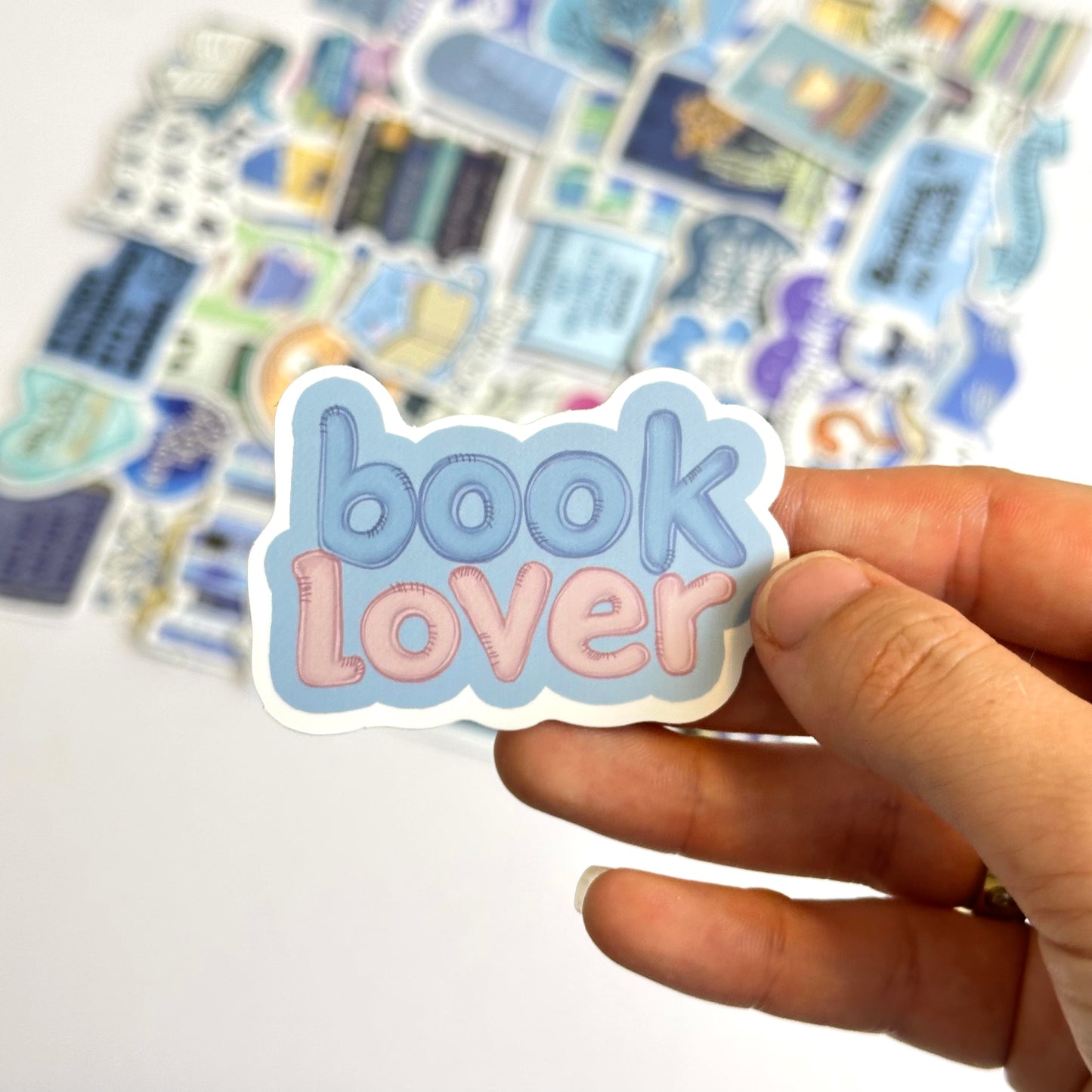 Bookish blue stickers with matte finish, 50-piece pack featuring cozy blue and pastel-toned bookish designs