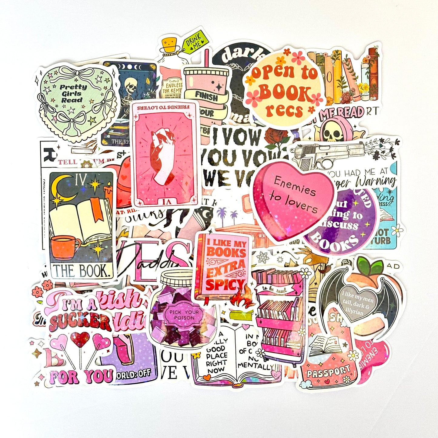 Bookish spicy and dark stickers with holographic finish, 50-piece random pack featuring romance and fantasy designs with dragons