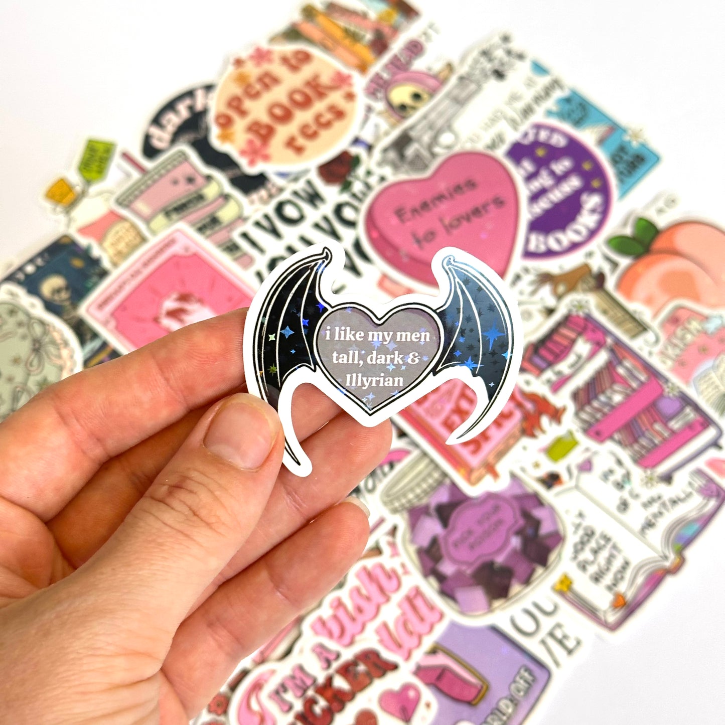 Bookish spicy and dark stickers with holographic finish, 50-piece random pack featuring romance and fantasy designs with dragons