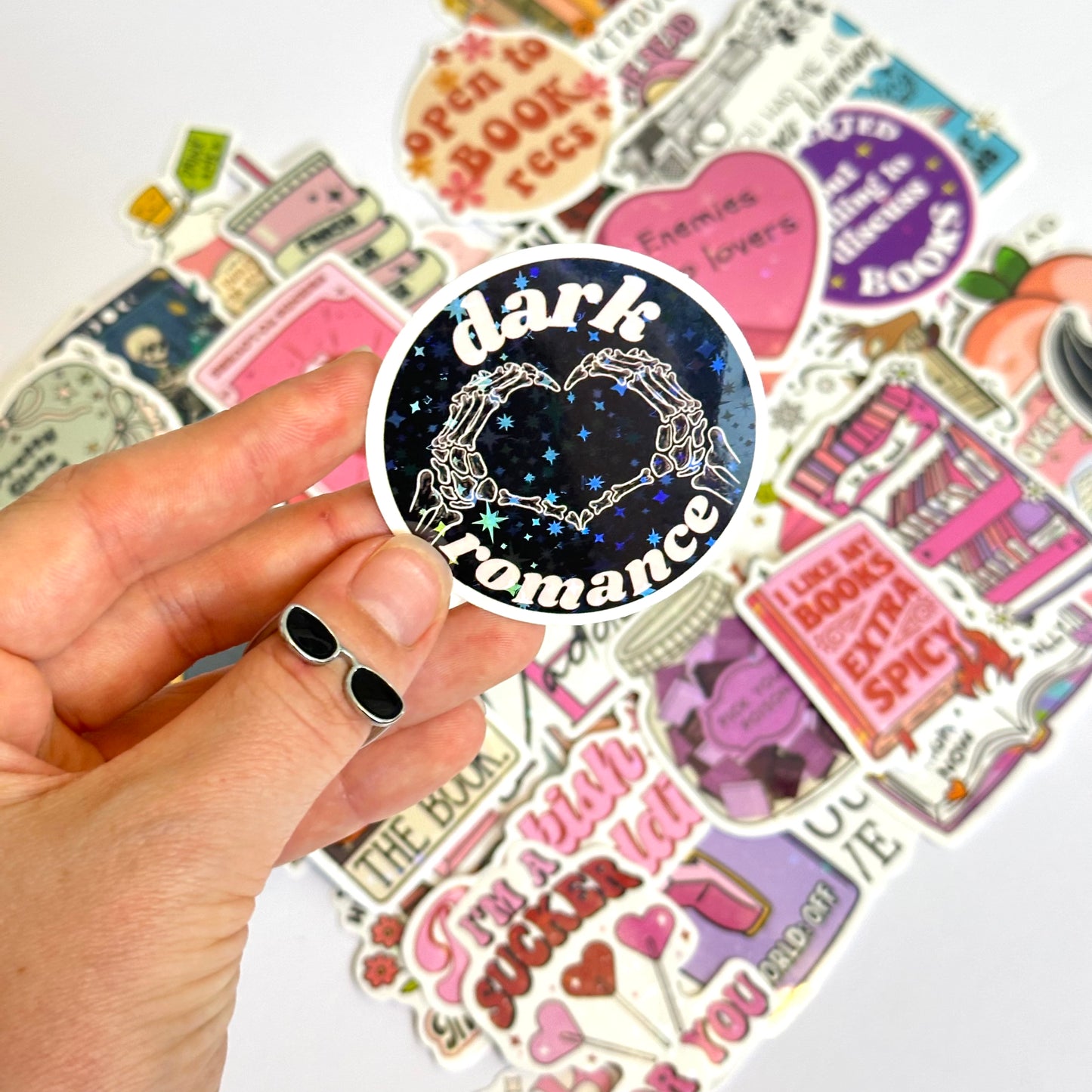 Bookish spicy and dark stickers with holographic finish, 50-piece random pack featuring romance and fantasy designs with dragons