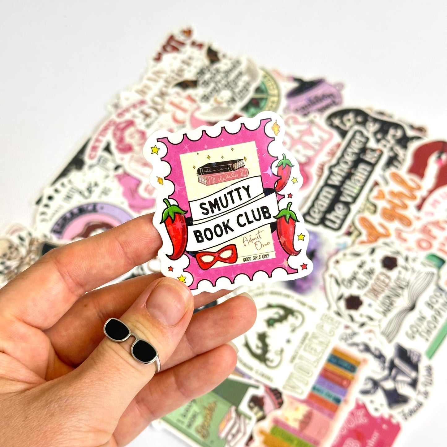 Bookish spicy and dark stickers with holographic finish, 50-piece random pack featuring romance and fantasy designs with dragons