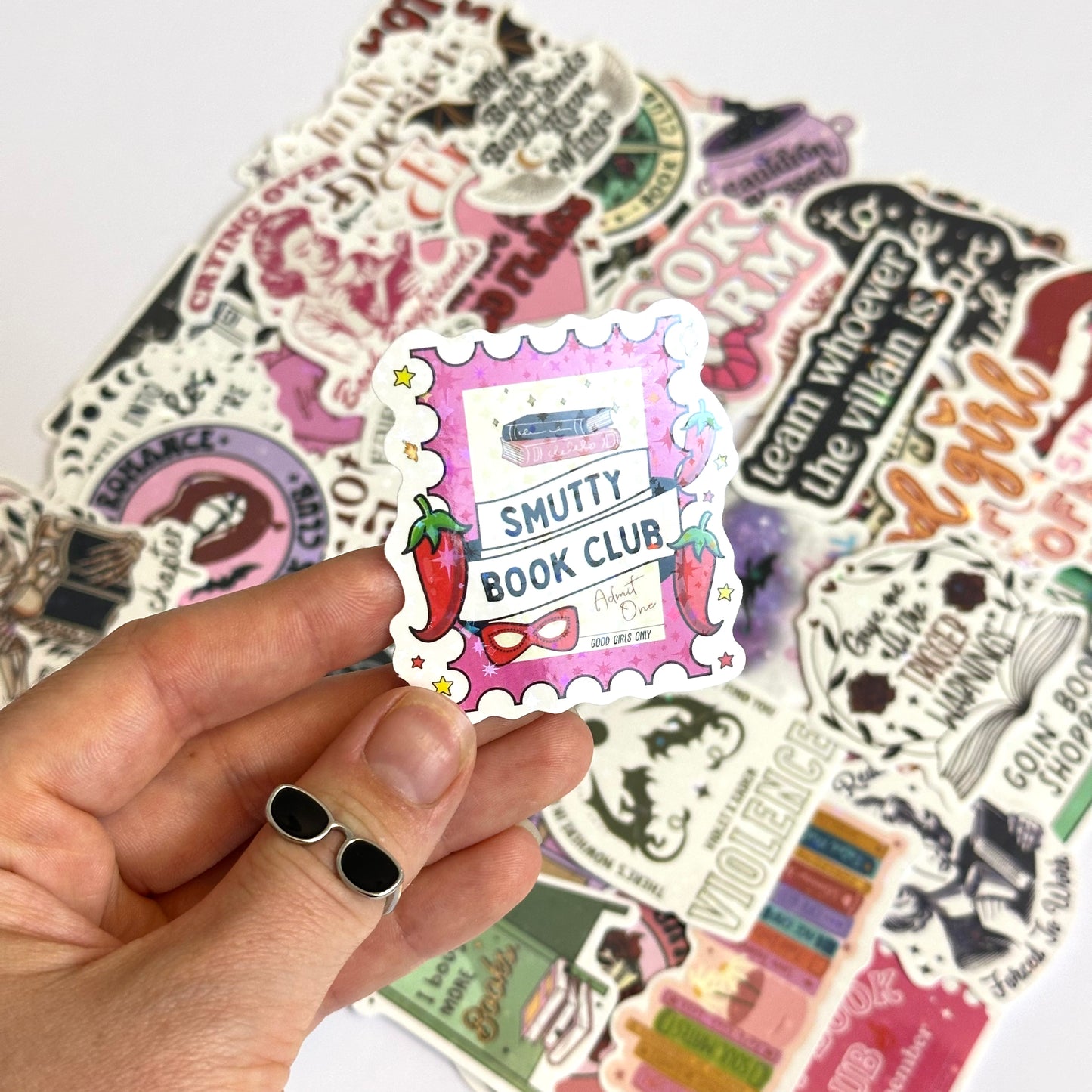 Bookish spicy and dark stickers with holographic finish, 50-piece random pack featuring romance and fantasy designs with dragons