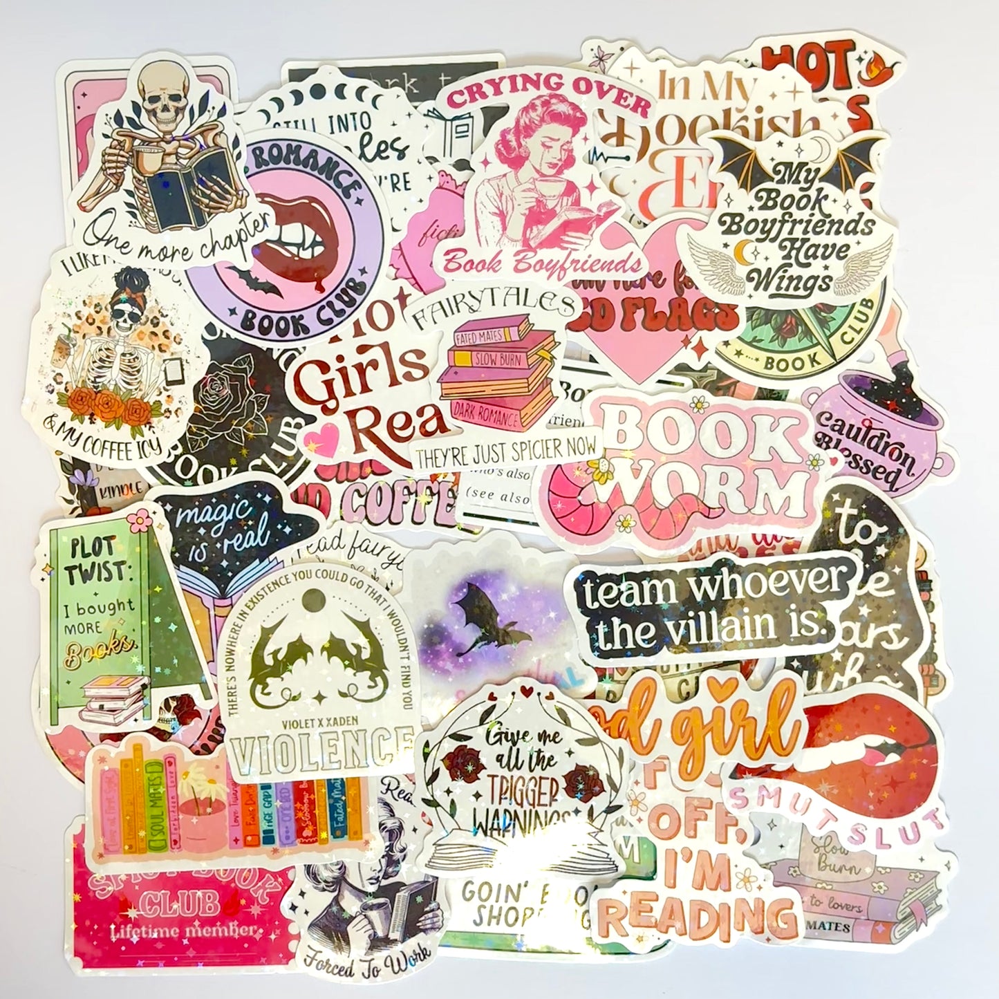 Bookish spicy and dark stickers with holographic finish, 50-piece random pack featuring romance and fantasy designs with dragons