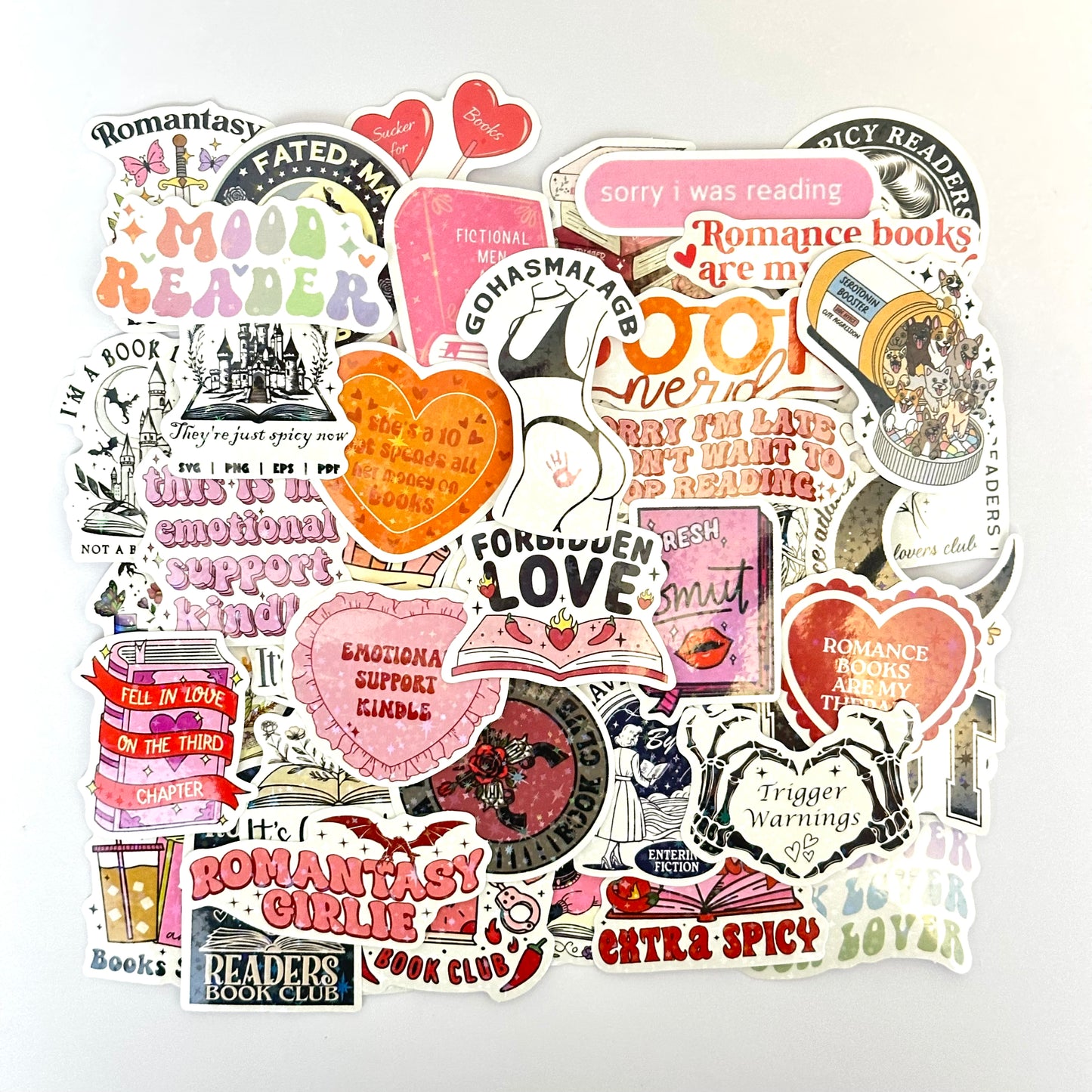 Bookish spicy and dark stickers with holographic finish, 50-piece random pack featuring romance and fantasy designs with dragons