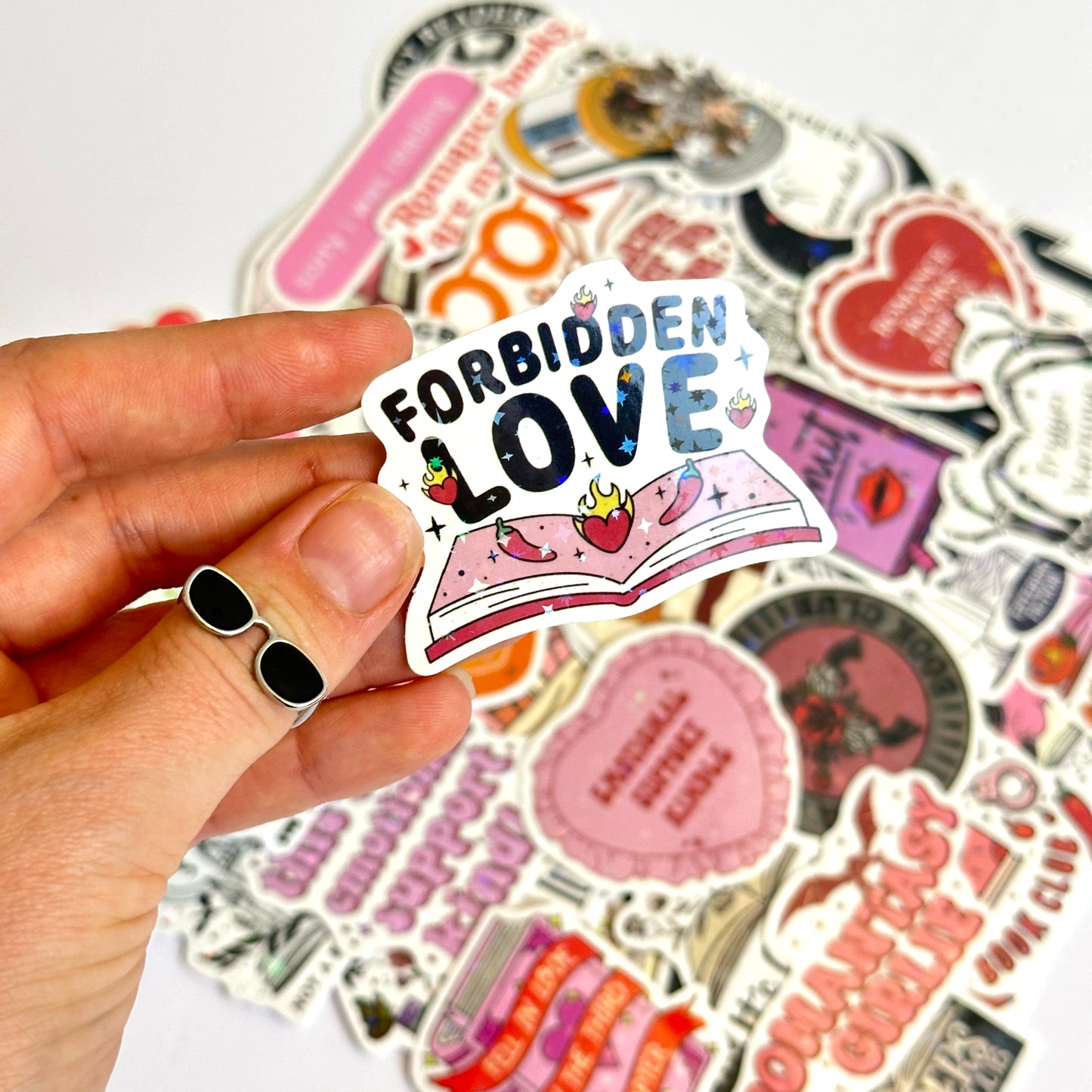 Bookish spicy and dark stickers with holographic finish, 50-piece random pack featuring romance and fantasy designs with dragons