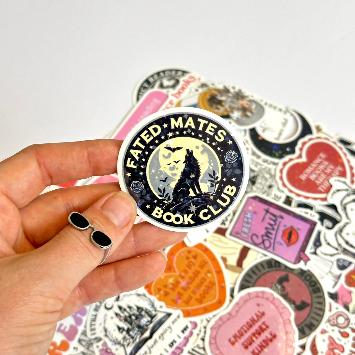Bookish spicy and dark stickers with holographic finish, 50-piece random pack featuring romance and fantasy designs with dragons