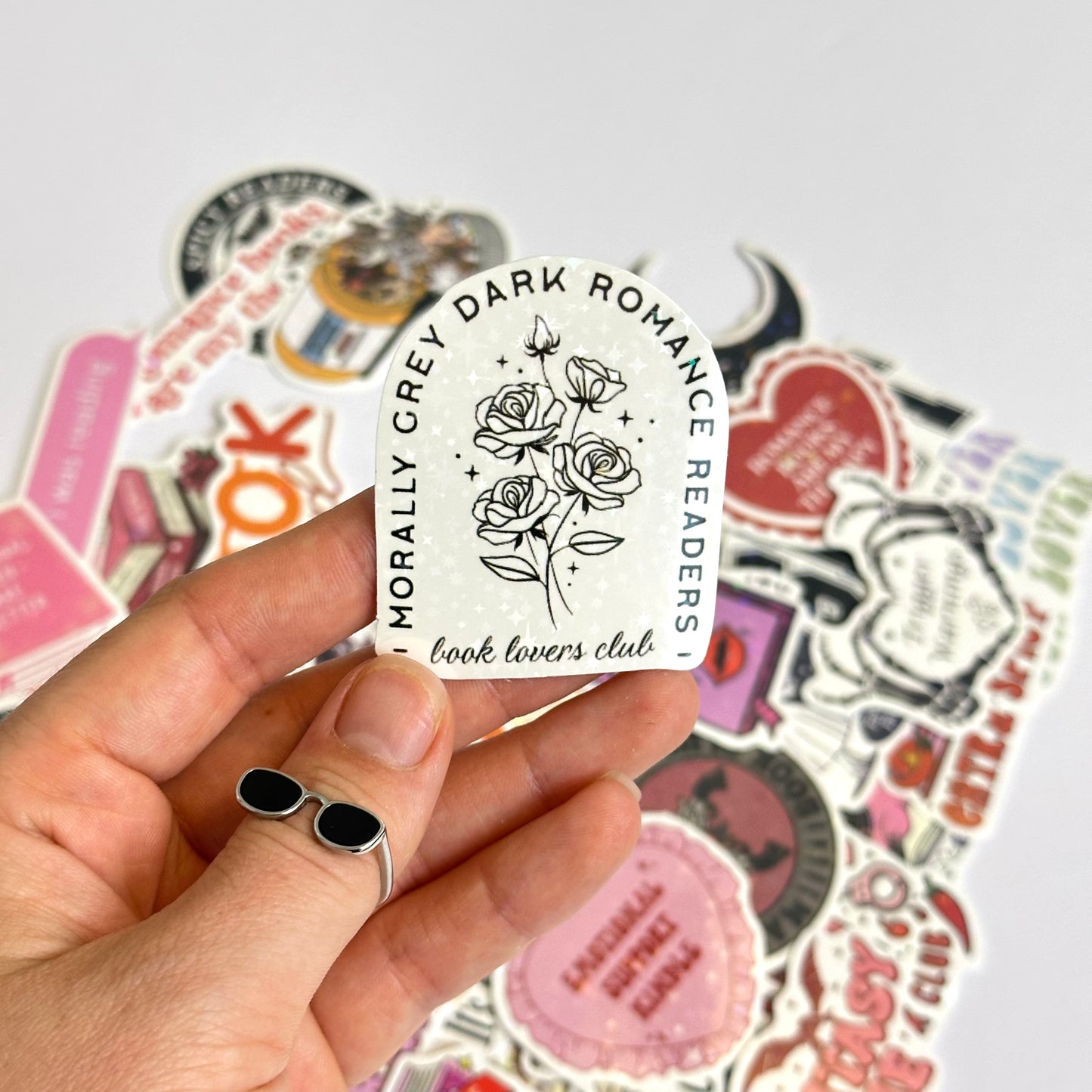 Bookish spicy and dark stickers with holographic finish, 50-piece random pack featuring romance and fantasy designs with dragons