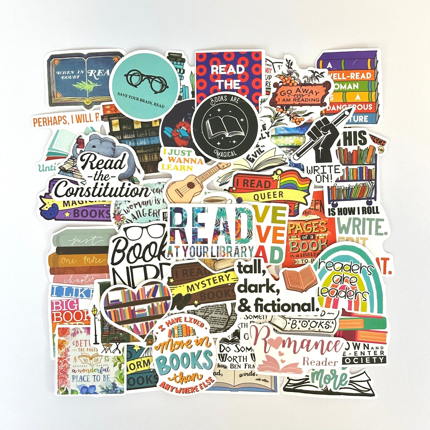 Bookish random stickers pack with 50 unique and surprise-themed bookish designs for journals, planners, and laptops