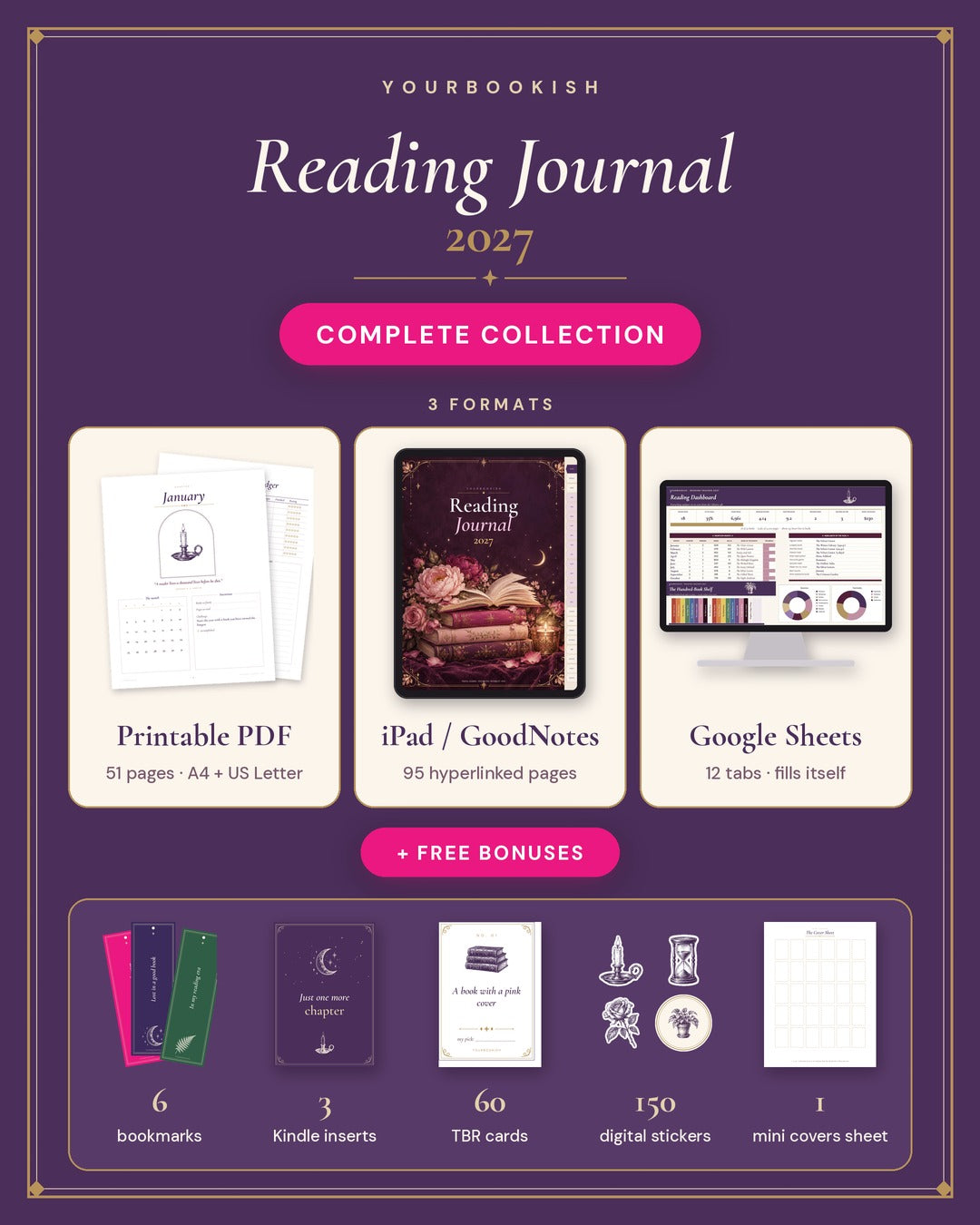 Reading Journal 2027 Complete Collection - printable PDF, iPad GoodNotes journal and Google Sheets tracker plus free bonuses