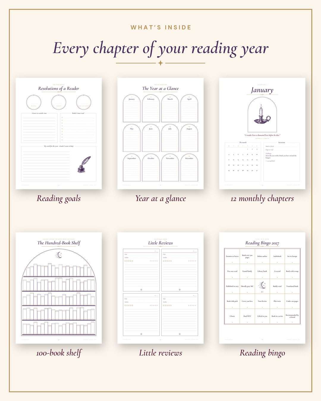 What's inside the Reading Journal 2027 - goals, year at a glance, monthly chapters, 100-book shelf, reviews, bingo