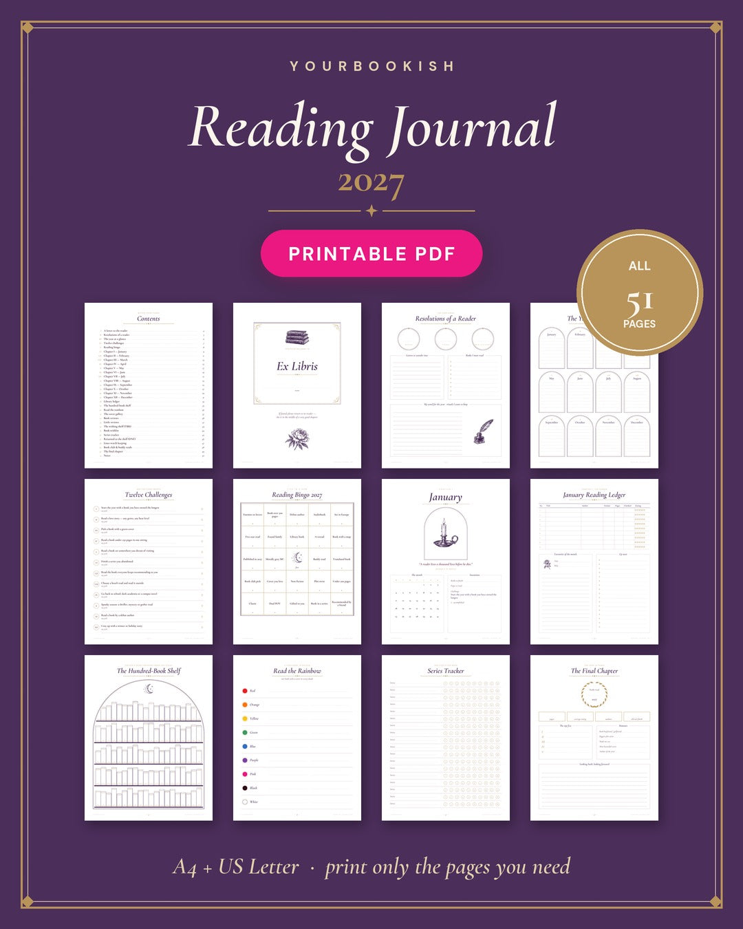 Reading Journal 2027 printable PDF - 51 pages in A4 and US Letter