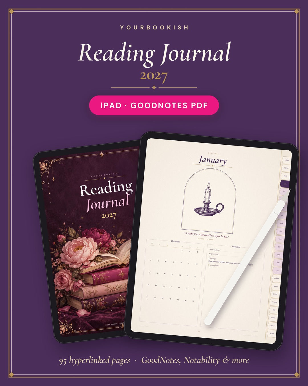 Reading Journal 2027 iPad GoodNotes digital journal with hyperlinked tabs