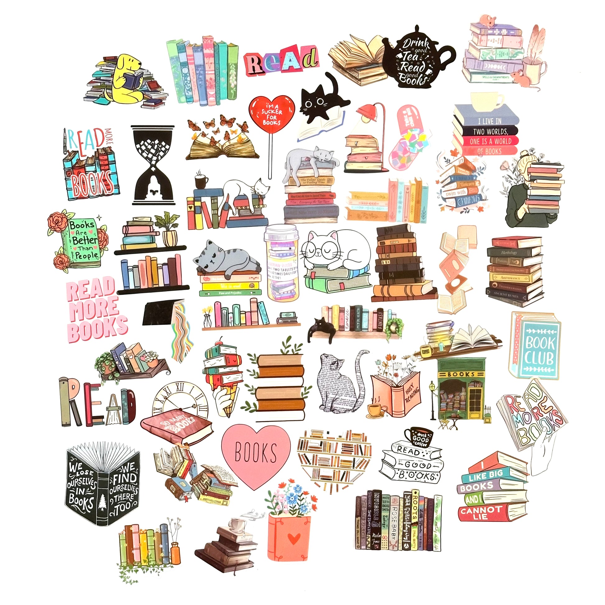 Bookish clear stickers pack with 50 aesthetic designs including cat stickers for readers and planners