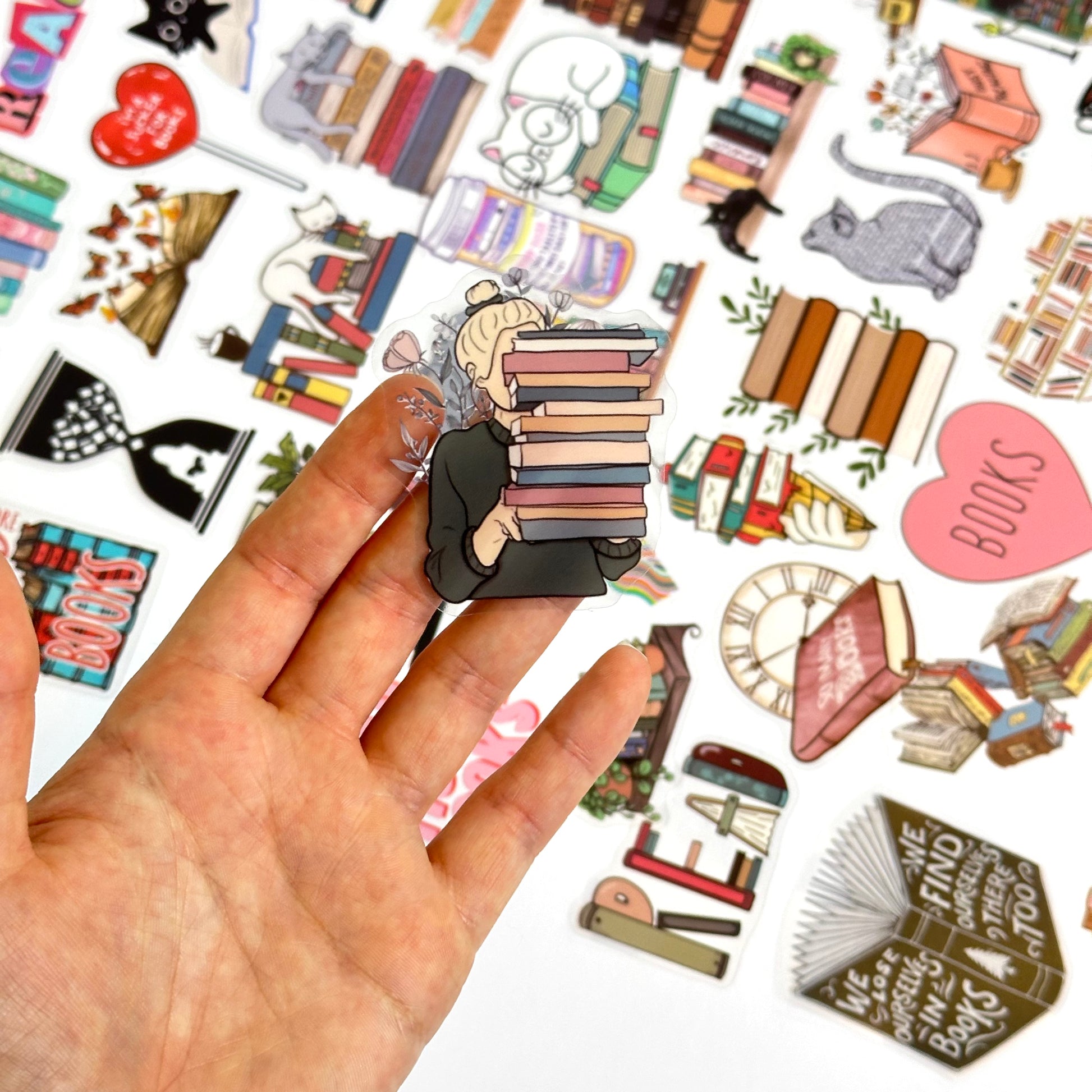 Bookish clear stickers pack with 50 aesthetic designs including cat stickers for readers and planners