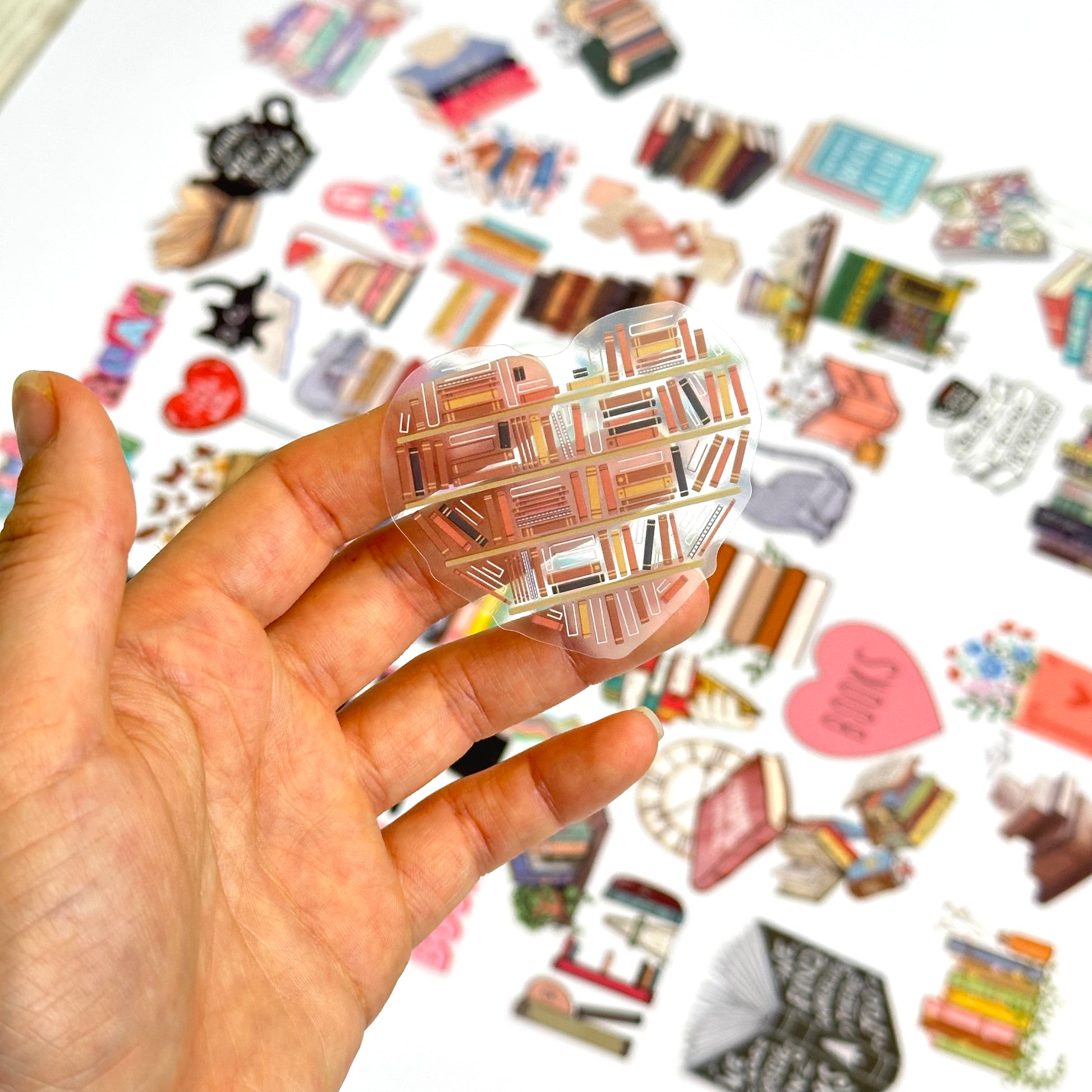 Bookish clear stickers pack with 50 aesthetic designs including cat stickers for readers and planners