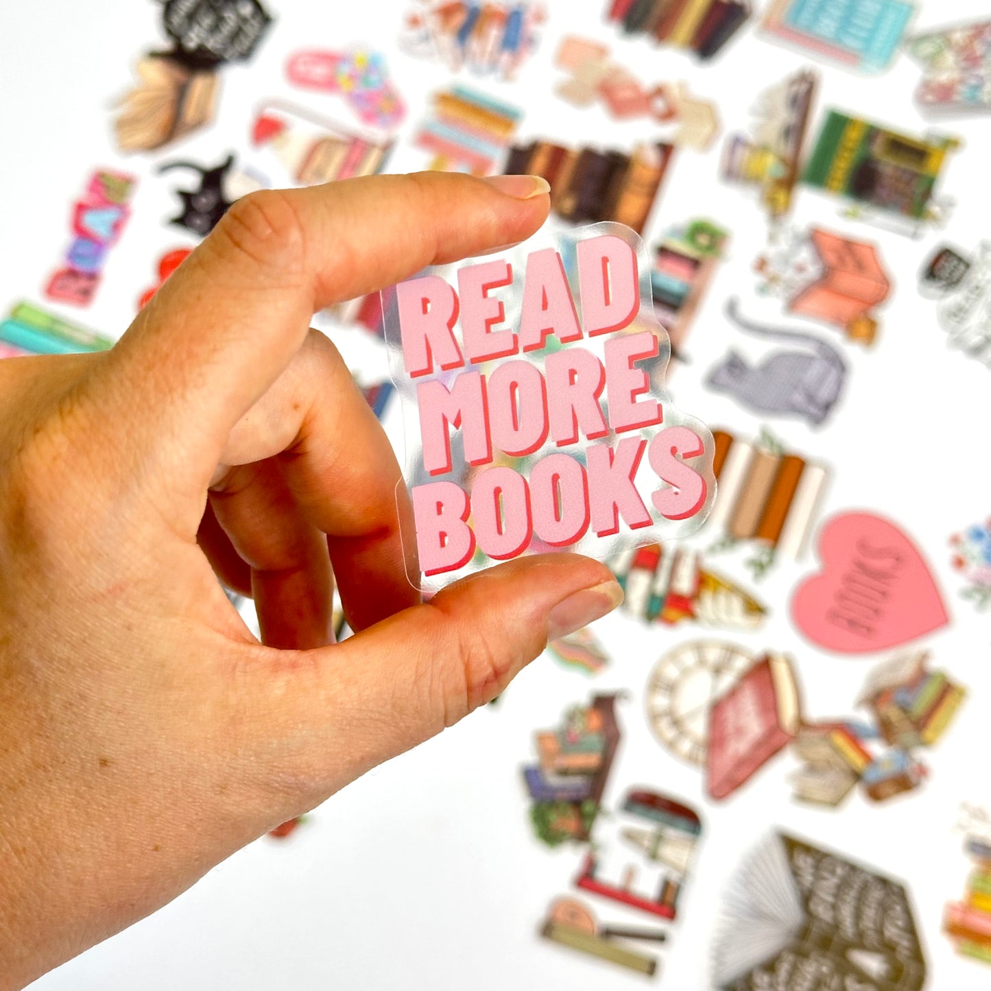 Bookish transparent stickers with cozy reading vibes and cute cats