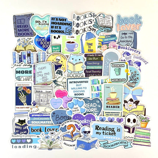 Bookish blue stickers with matte finish, 50-piece pack featuring cozy blue and pastel-toned bookish designs