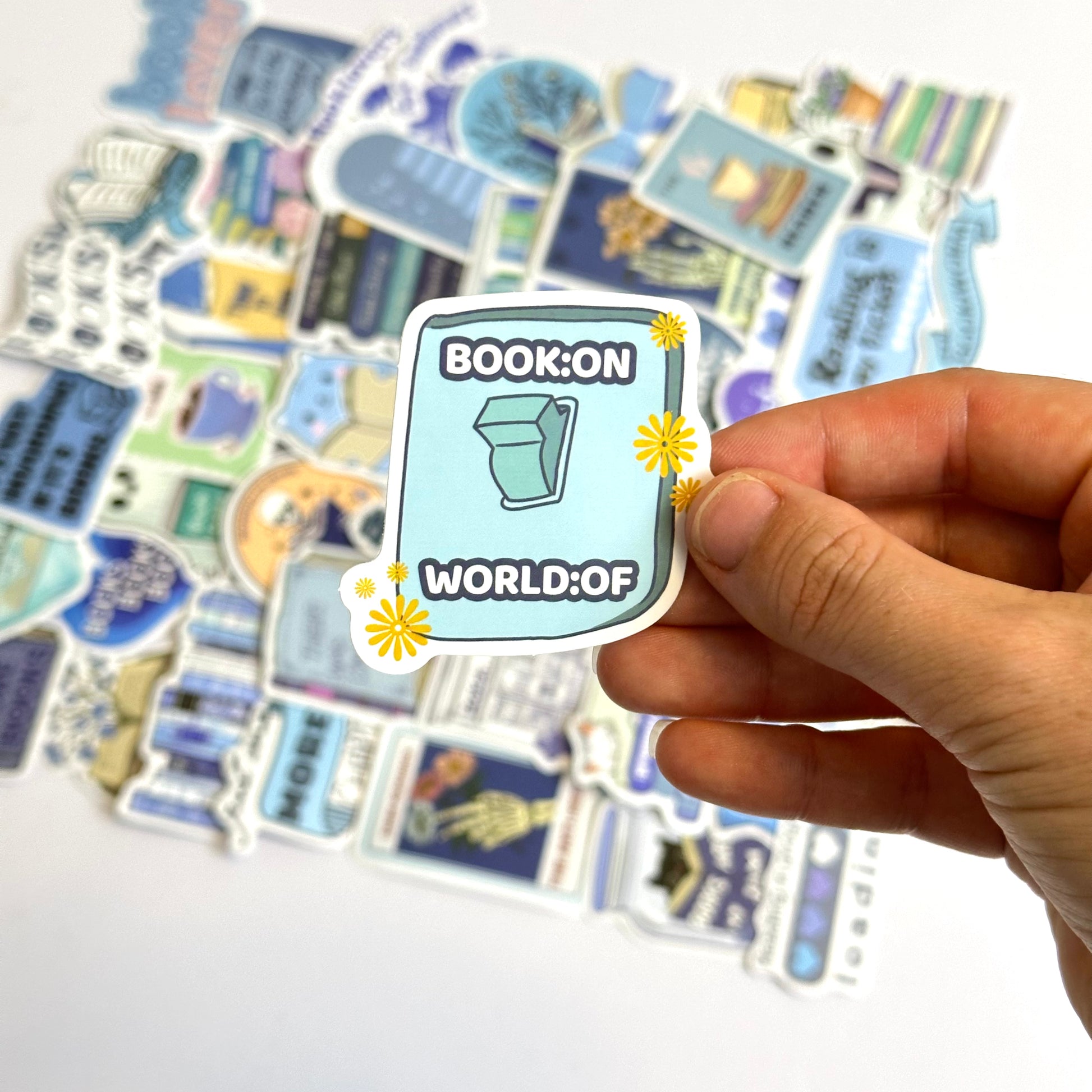 Bookish blue stickers with matte finish, 50-piece pack featuring cozy blue and pastel-toned bookish designs