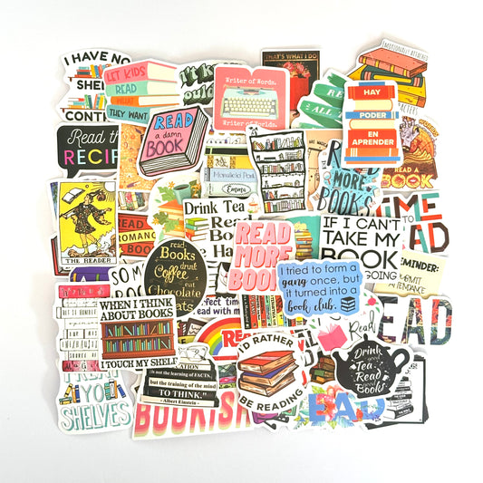 Bookish random stickers pack with 50 unique and surprise-themed bookish designs for journals, planners, and laptops
