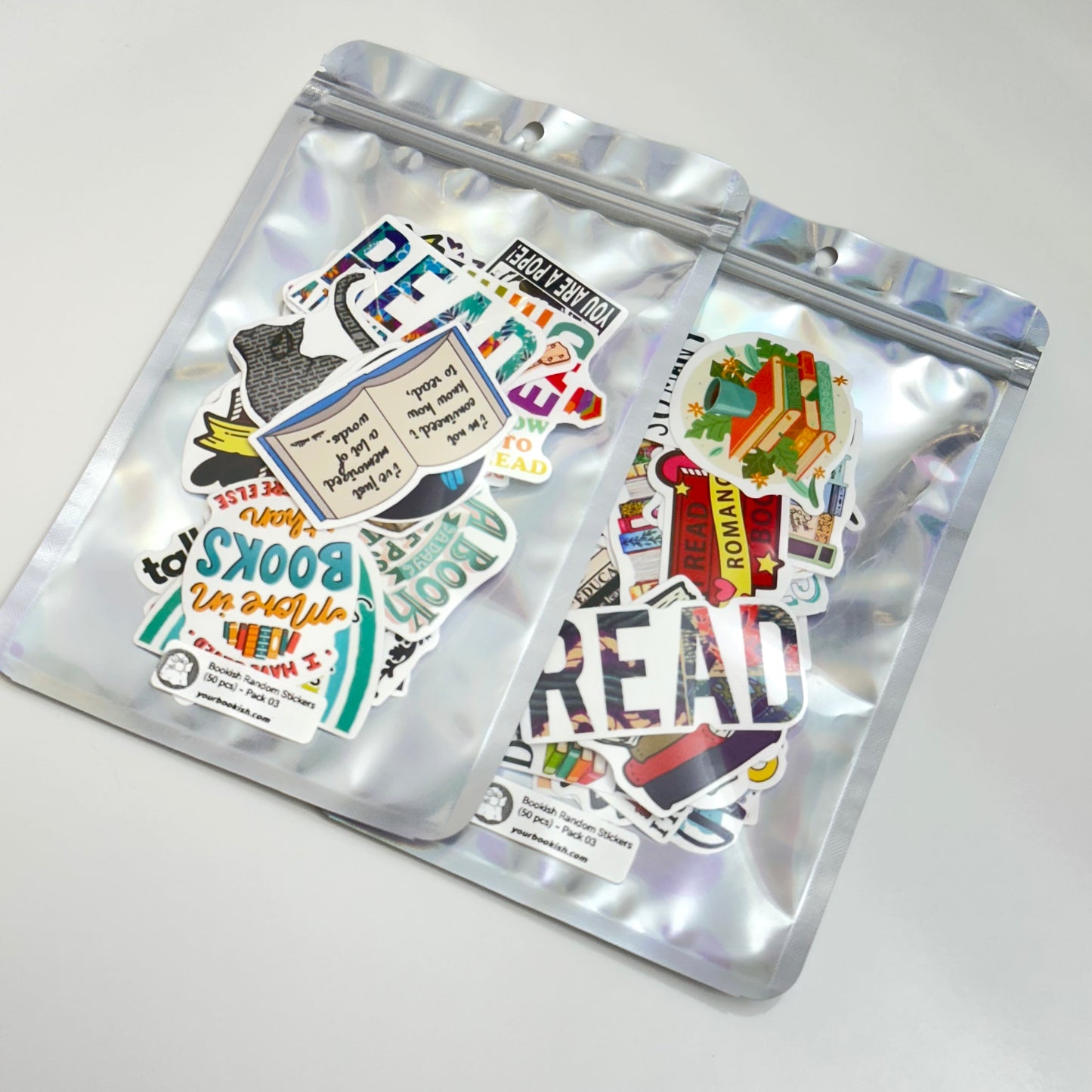 Bookish random stickers pack with 50 unique and surprise-themed bookish designs for journals, planners, and laptops