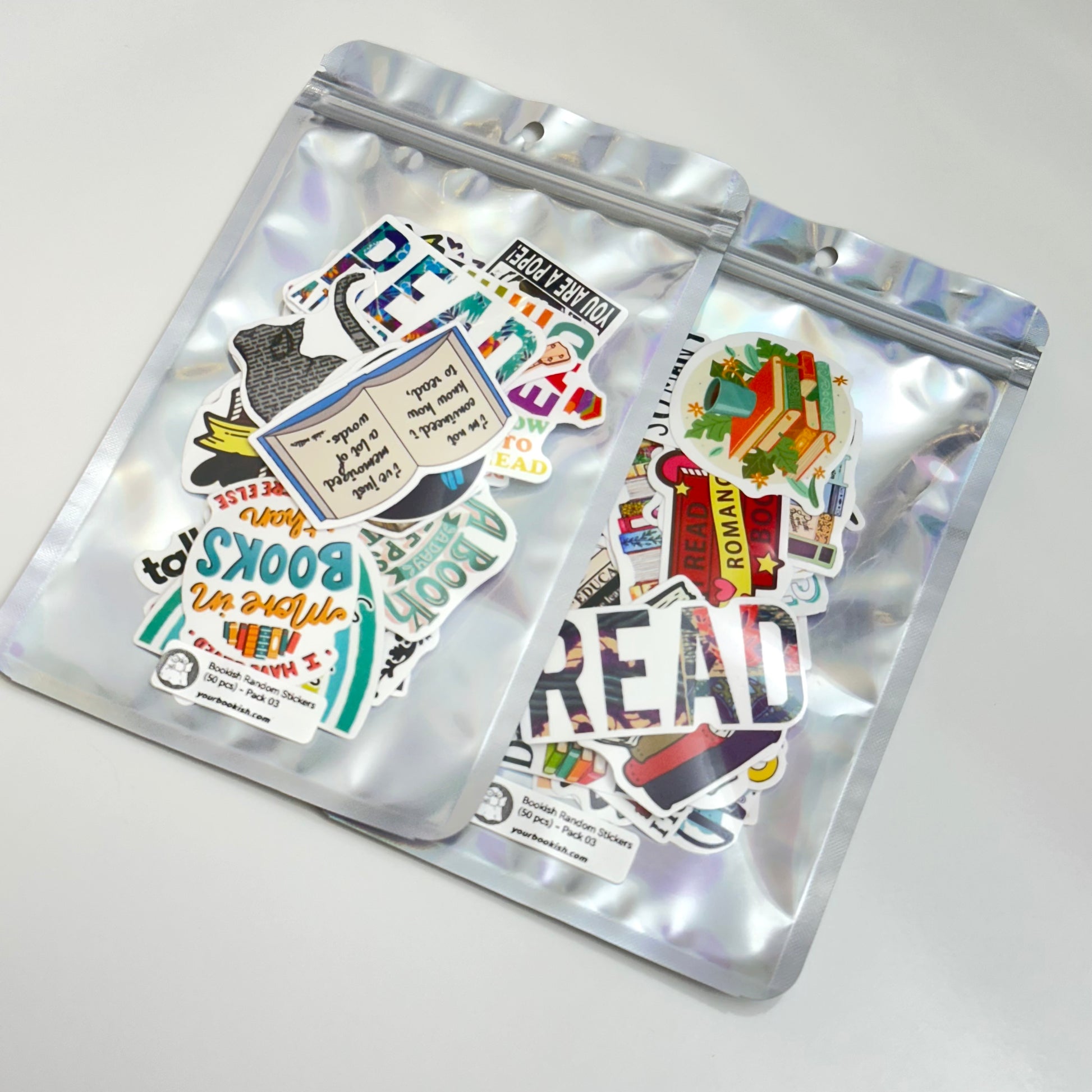 Bookish random stickers pack with 50 unique and surprise-themed bookish designs for journals, planners, and laptops