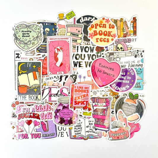 Bookish spicy and dark stickers with holographic finish, 50-piece random pack featuring romance and fantasy designs with dragons