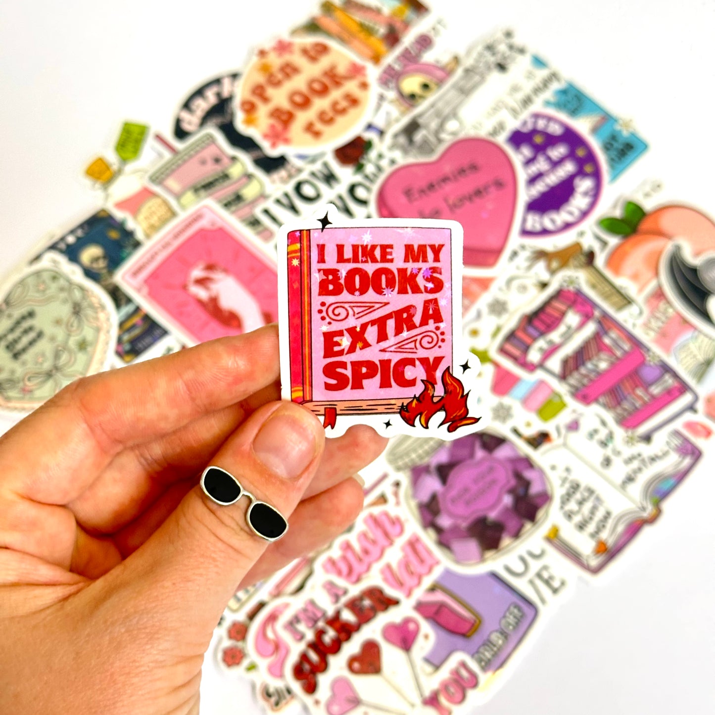 Bookish spicy and dark stickers with holographic finish, 50-piece random pack featuring romance and fantasy designs with dragons