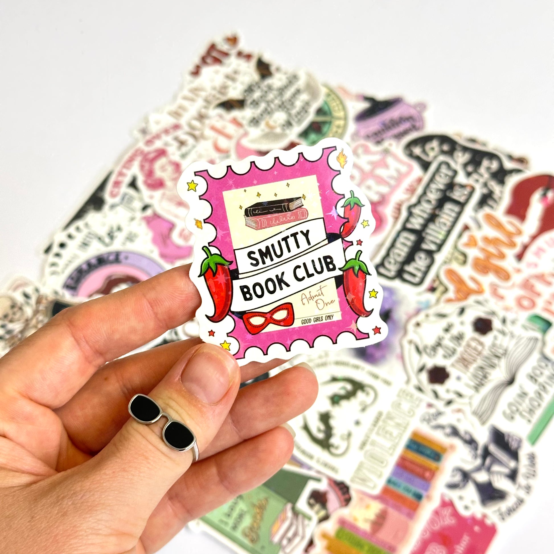Bookish spicy and dark stickers with holographic finish, 50-piece random pack featuring romance and fantasy designs with dragons