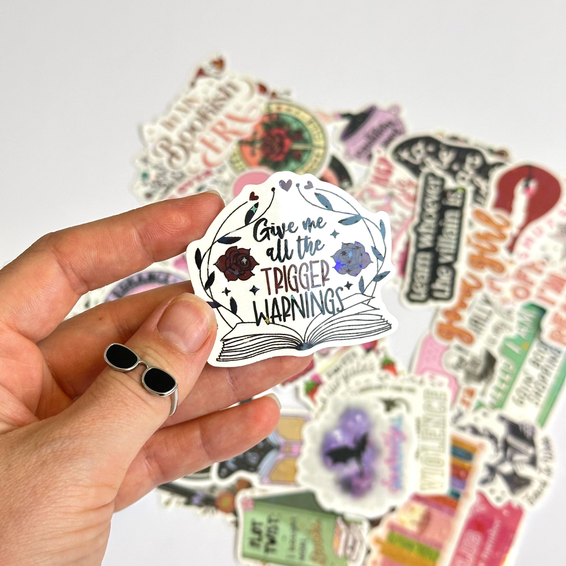 Bookish spicy and dark stickers with holographic finish, 50-piece random pack featuring romance and fantasy designs with dragons