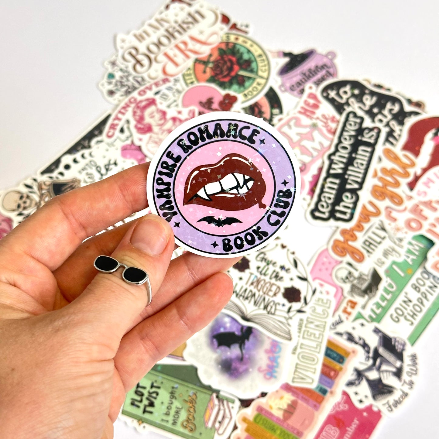 Bookish spicy and dark stickers with holographic finish, 50-piece random pack featuring romance and fantasy designs with dragons