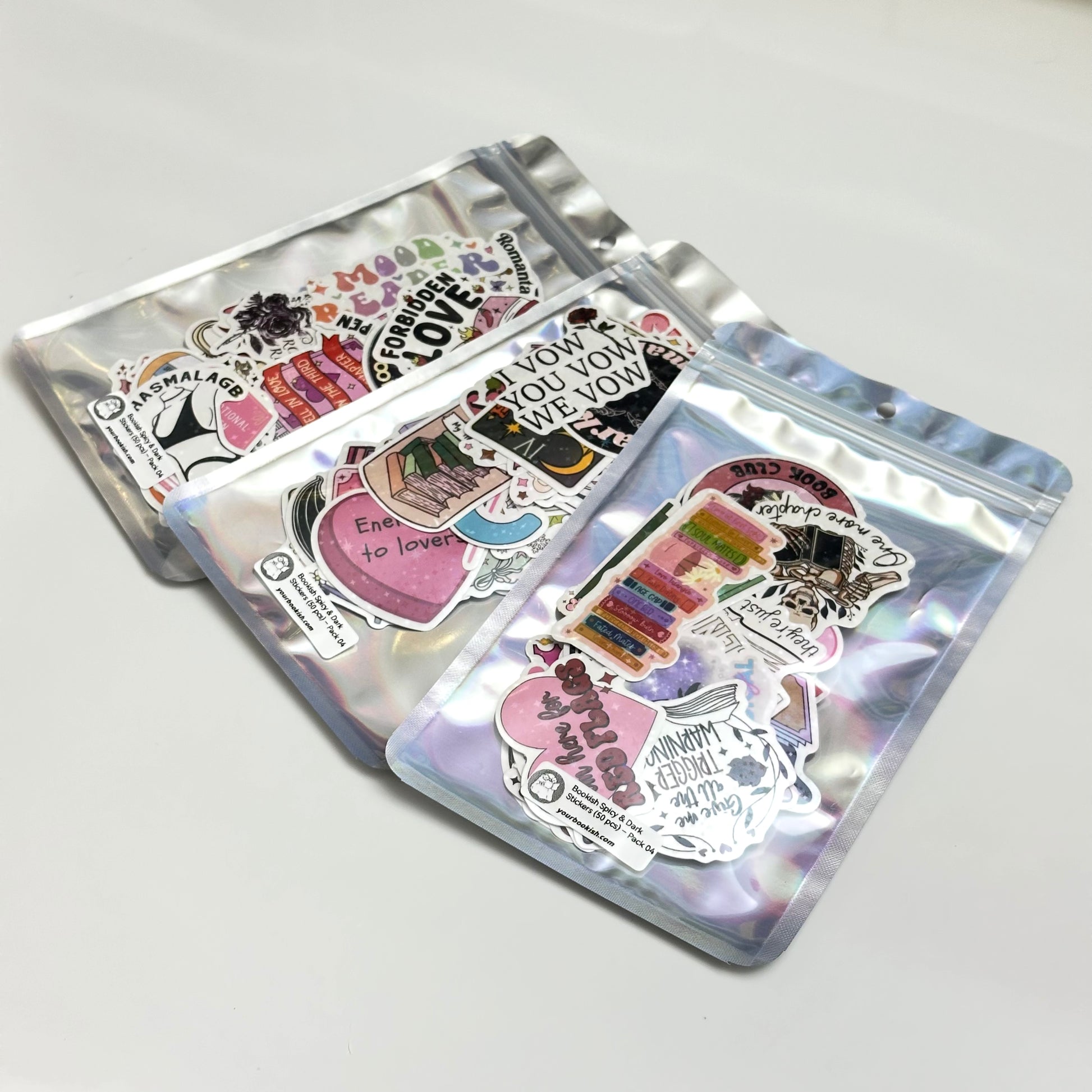 Bookish spicy and dark stickers with holographic finish, 50-piece random pack featuring romance and fantasy designs with dragons