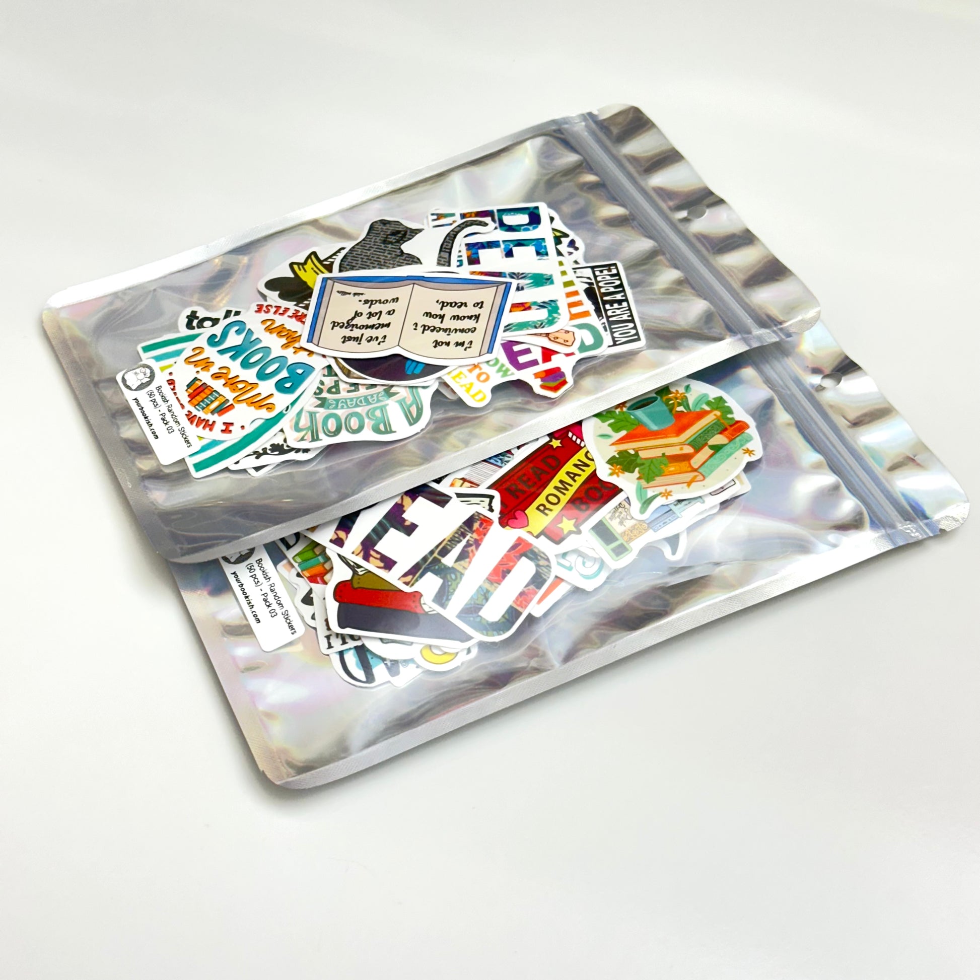 Bookish random stickers pack with 50 unique and surprise-themed bookish designs for journals, planners, and laptops