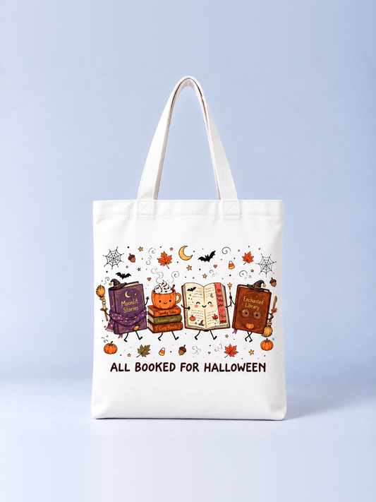 All Booked for Halloween tote bag, front view – cream canvas tote with dancing storybooks, pumpkins and autumn leaves print