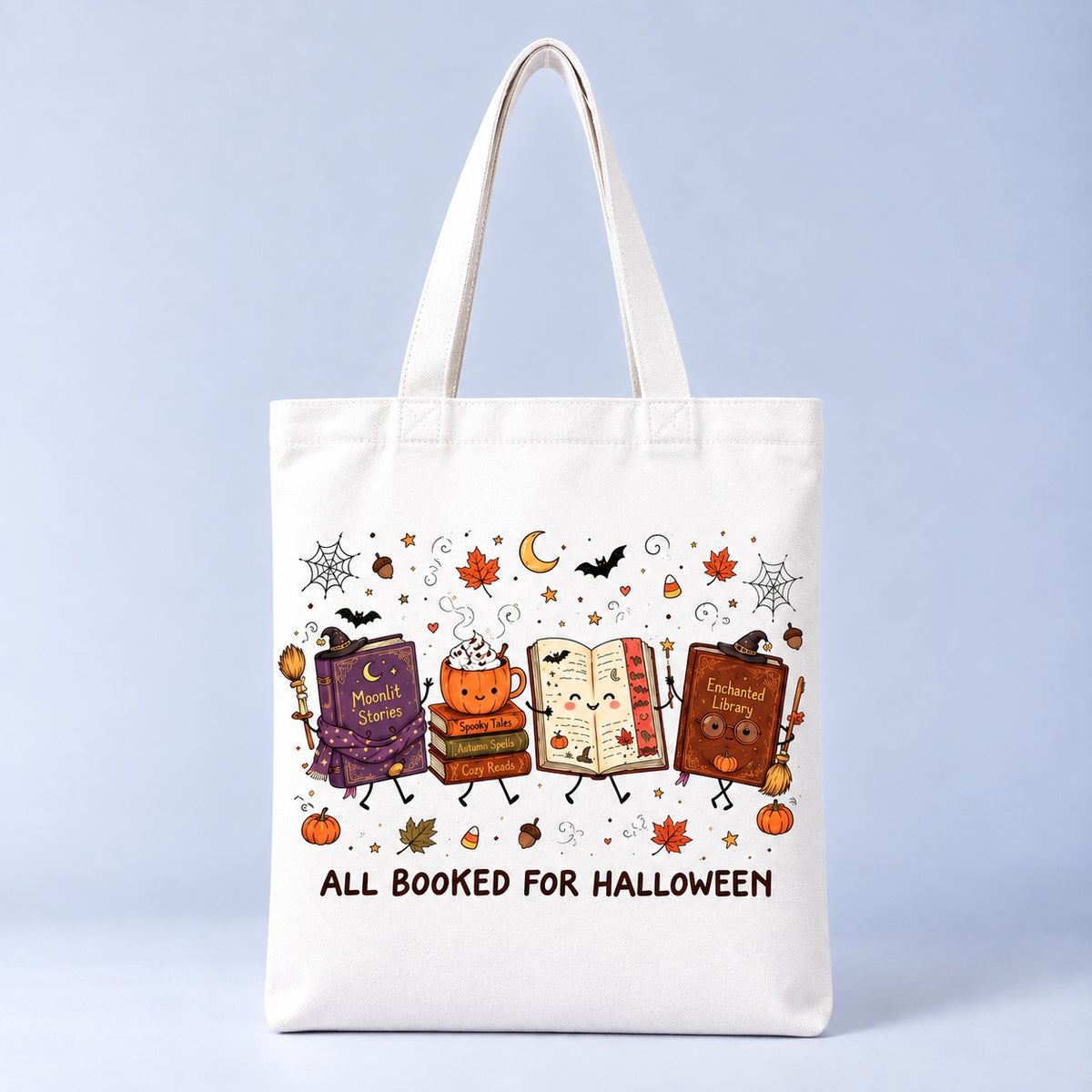 All Booked for Halloween tote bag, front view