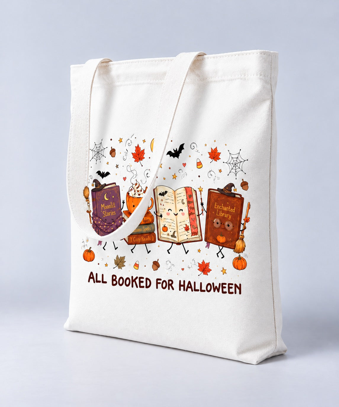 All Booked for Halloween tote bag, side angle