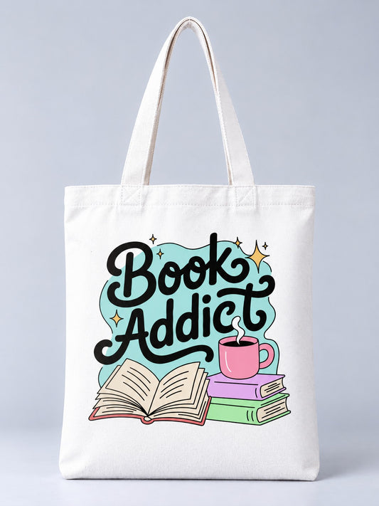 Book Addict tote bag, front view with script lettering, open book, stacked books and coffee mug print