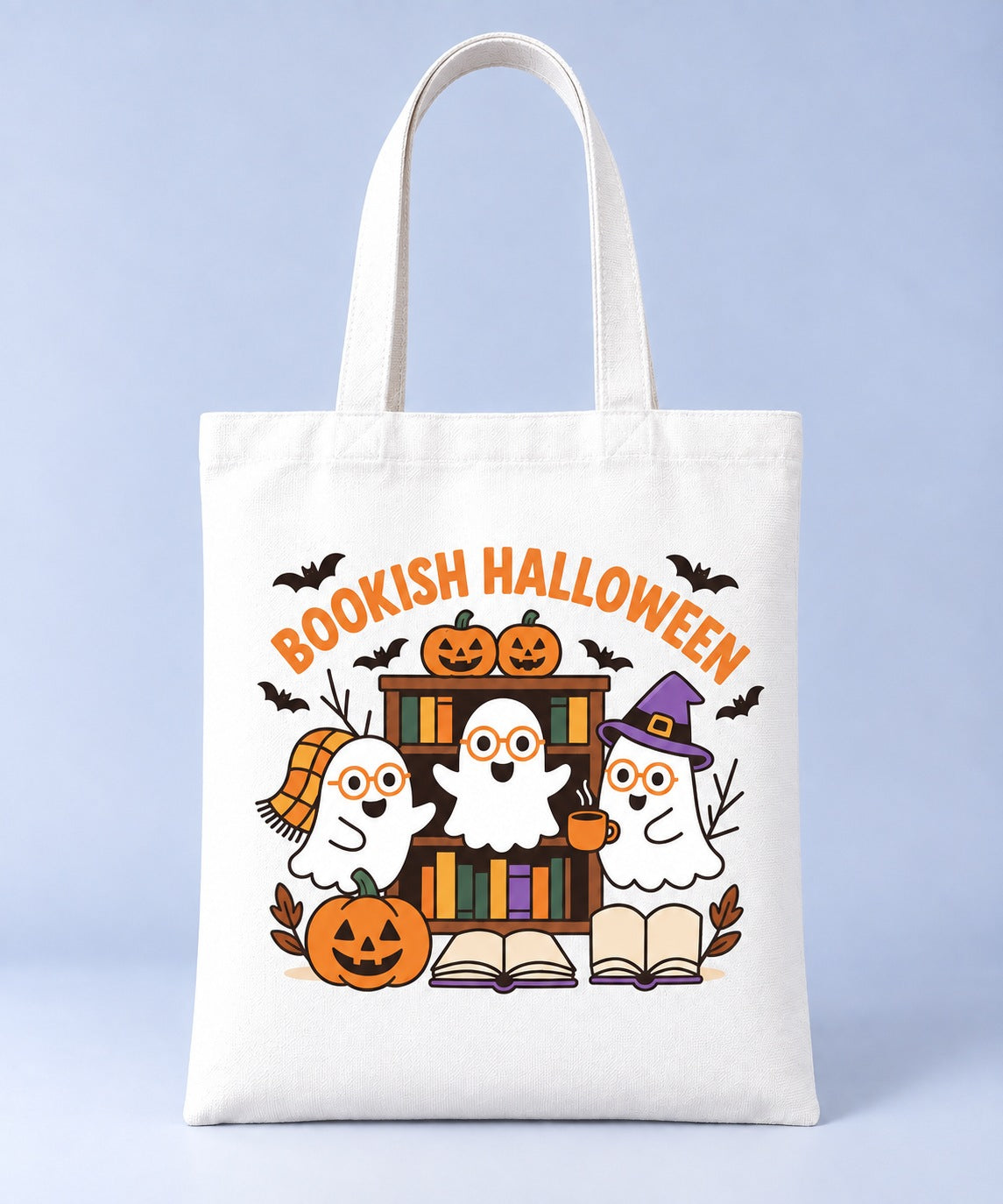 Bookish Halloween tote bag with reading ghosts, front view