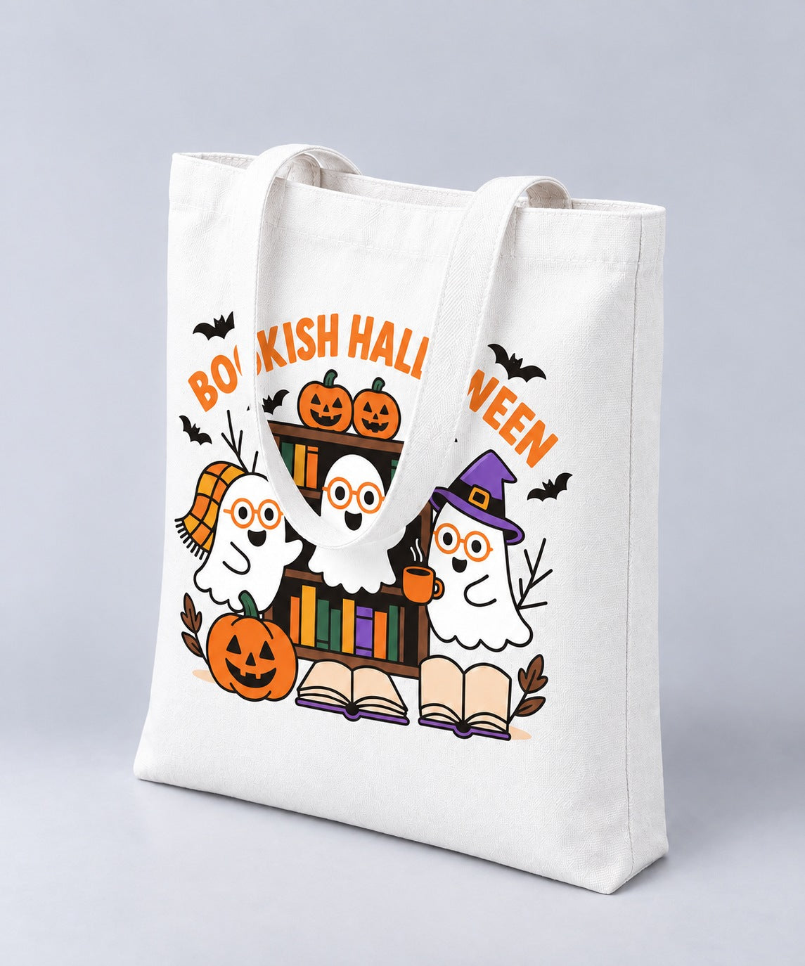 Bookish Halloween tote bag, side angle