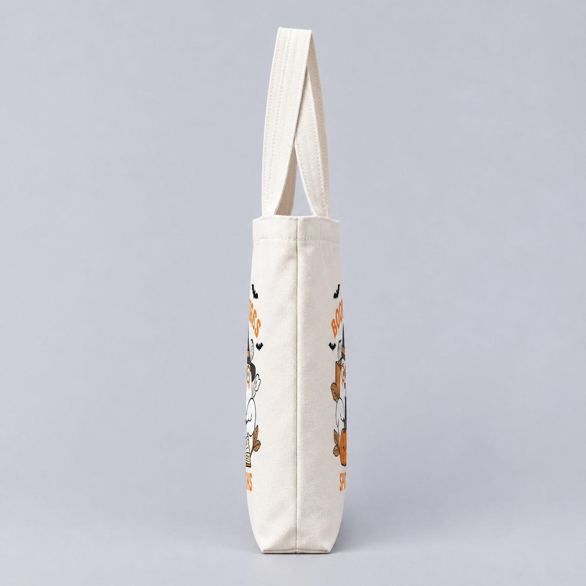 Bookish Halloween tote bag, side profile