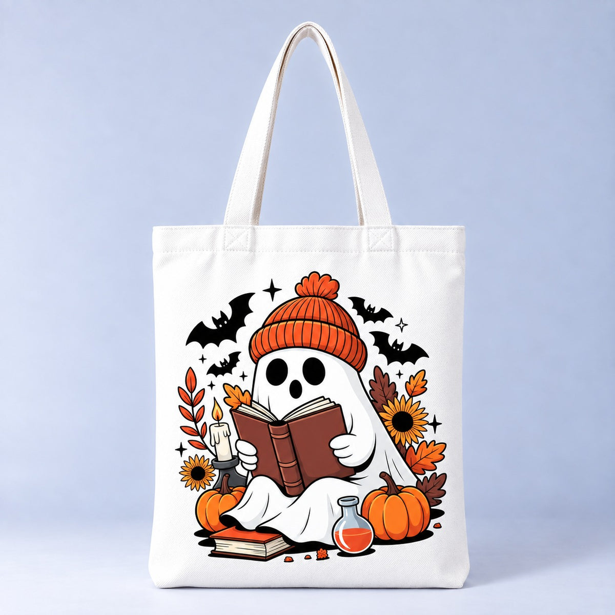 Cozy Fall Ghost Halloween tote bag, front view