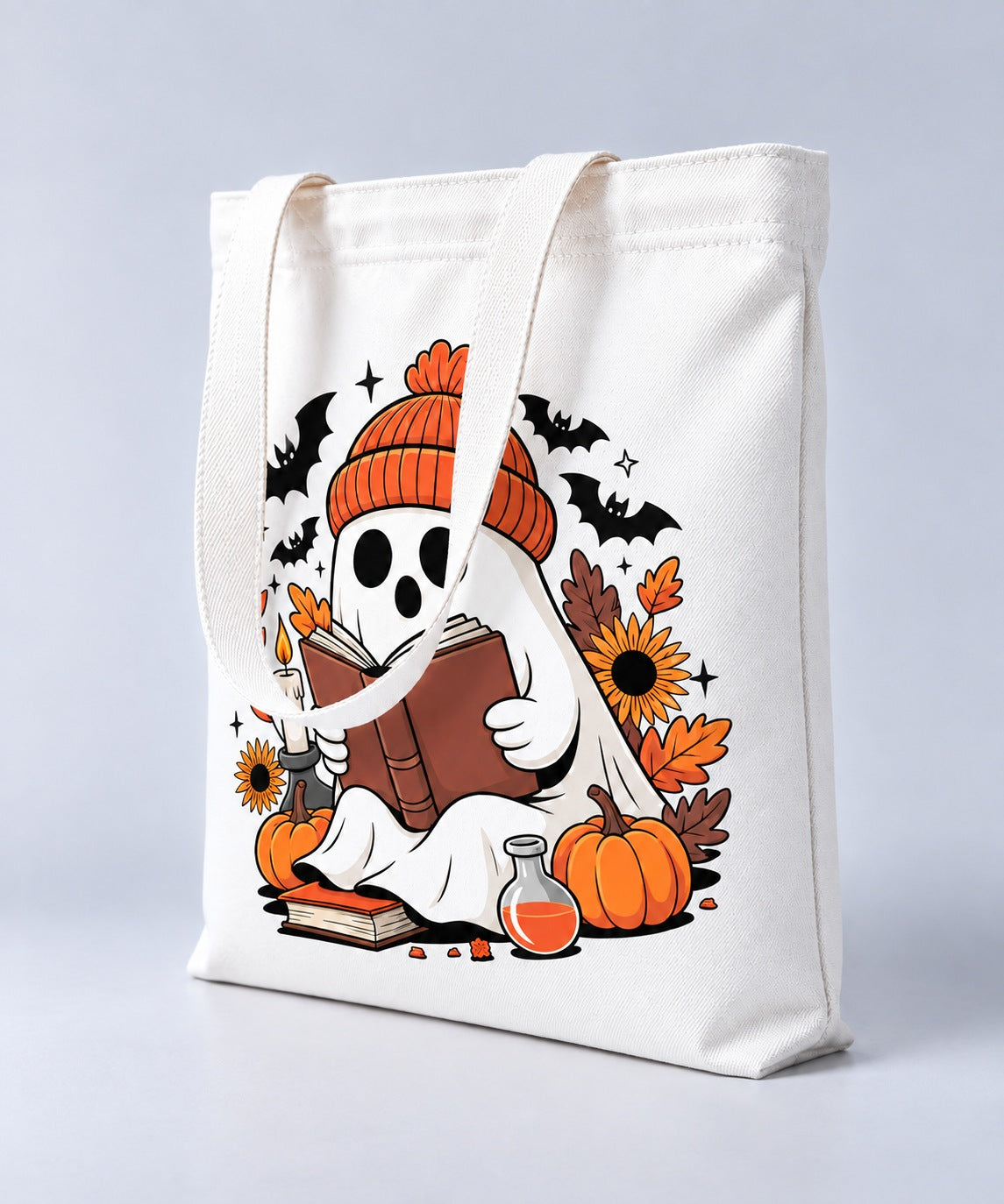 Cozy Fall Ghost Halloween tote bag, side angle