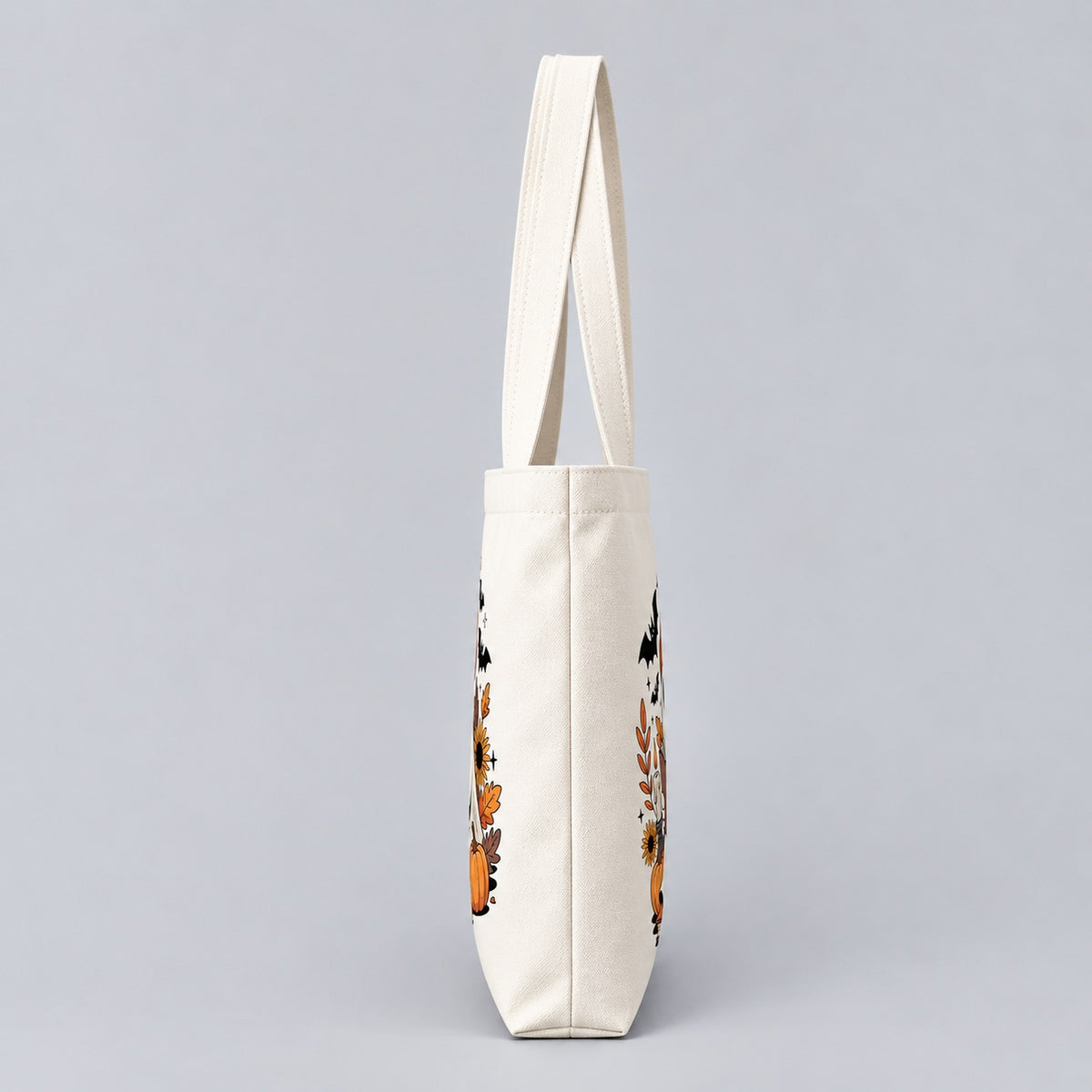 Cozy Fall Ghost Halloween tote bag, side profile