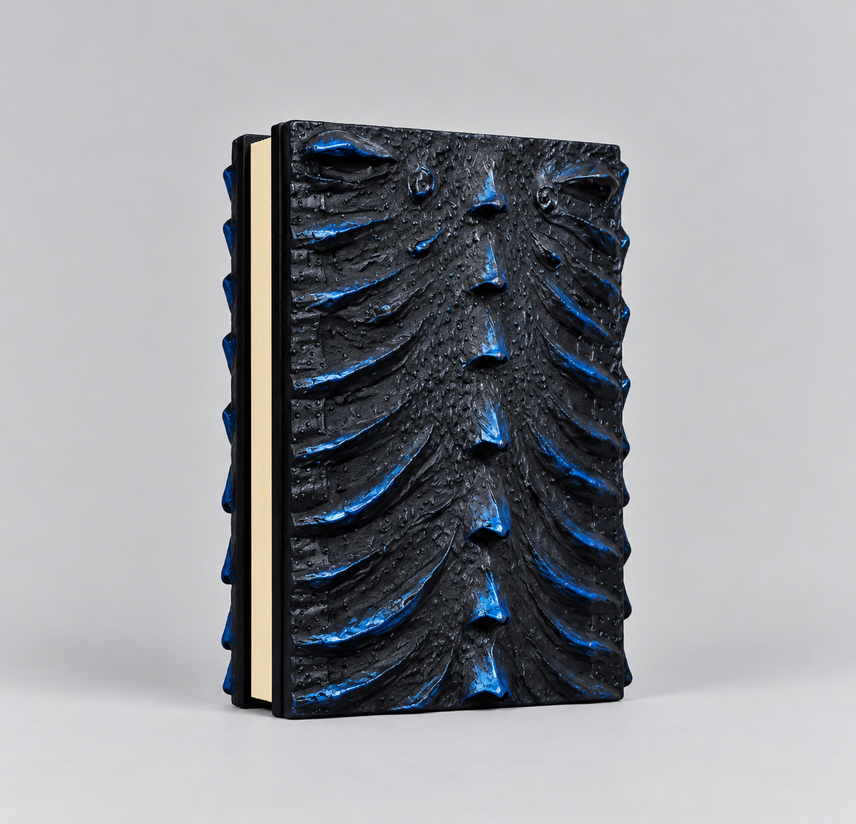 Back cover of the blue dragon journal with a sculpted resin dragon spine