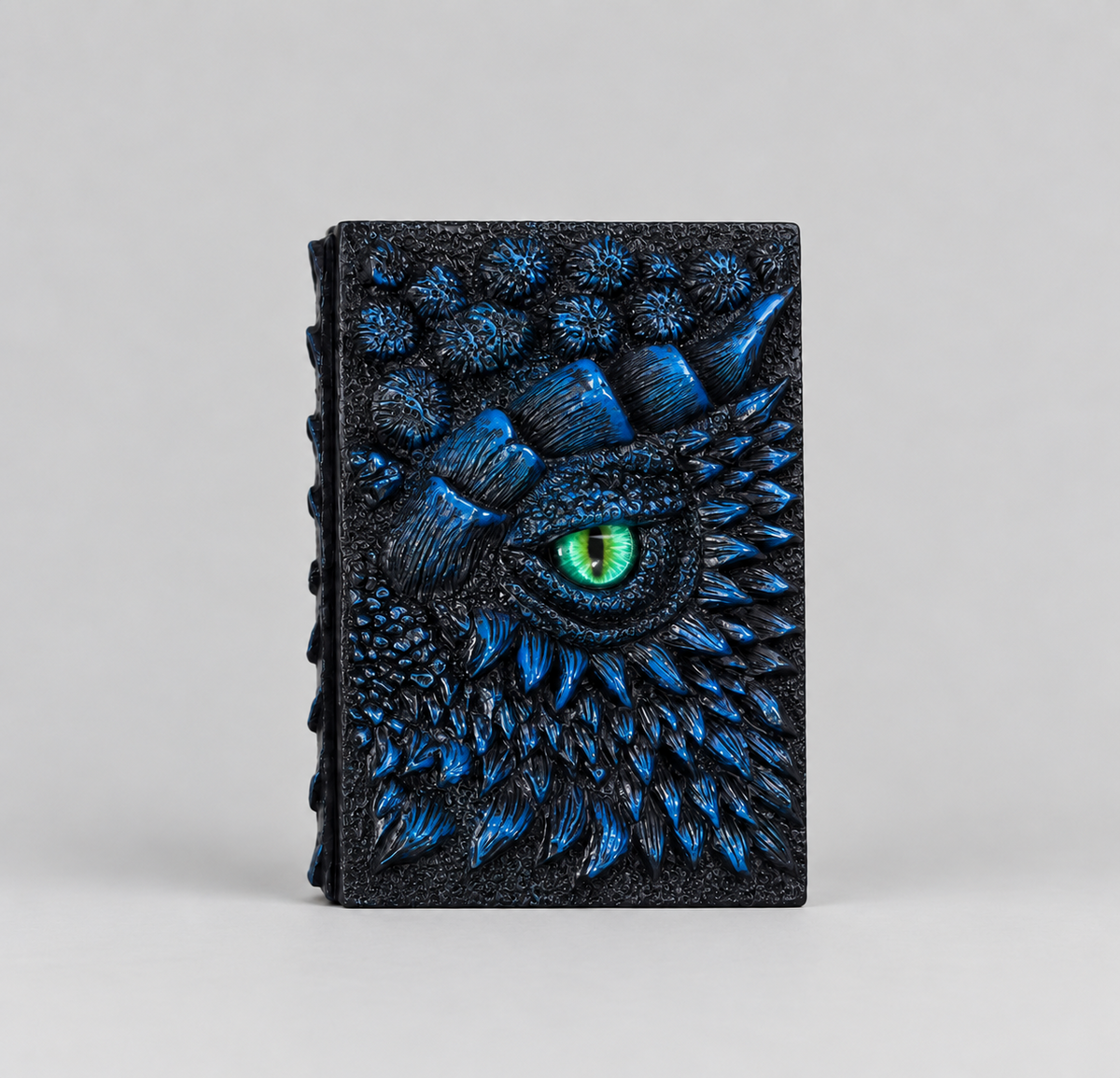 Blue embossed dragon notebook standing upright, fantasy DnD journal