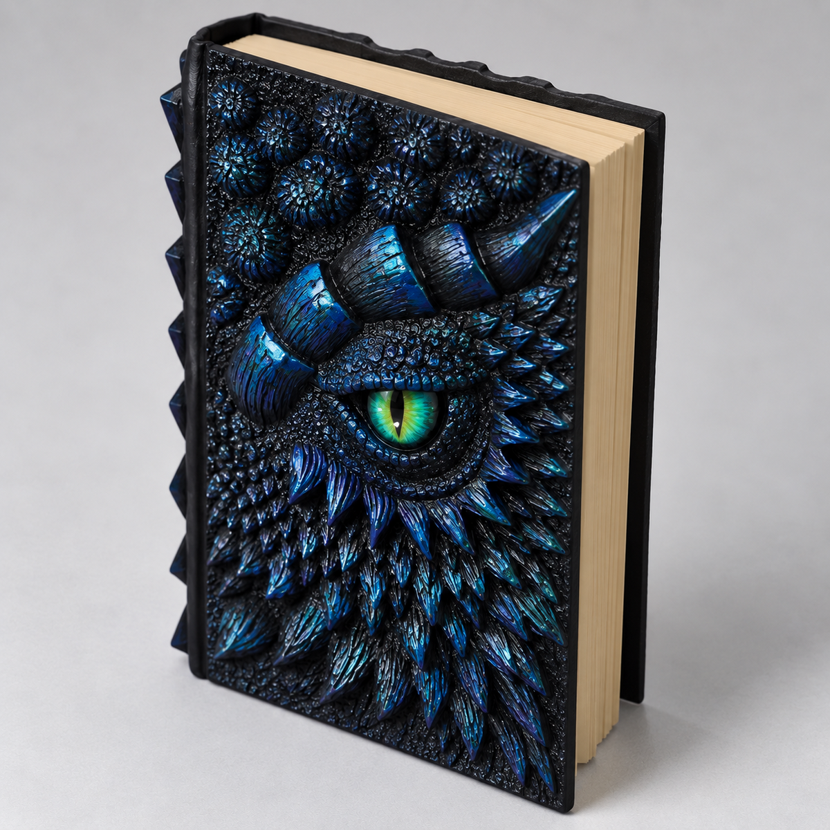 Blue dragon eye journal with 3D embossed resin scales and green dragon eye, A5 dragon notebook