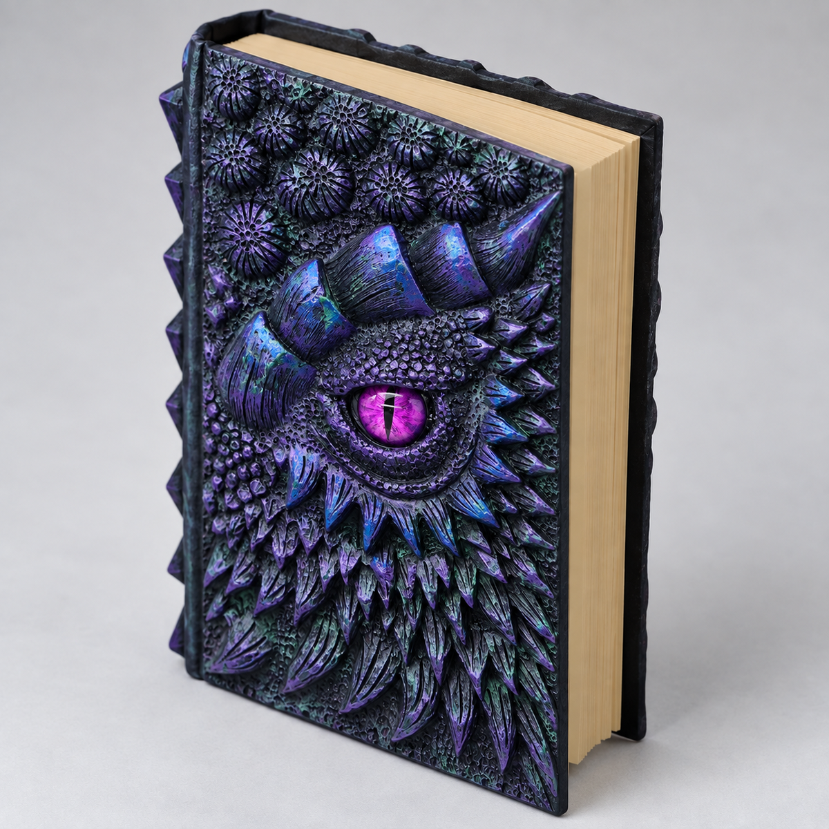 Purple dragon eye journal with 3D embossed resin scales and magenta dragon eye, A5 dragon notebook