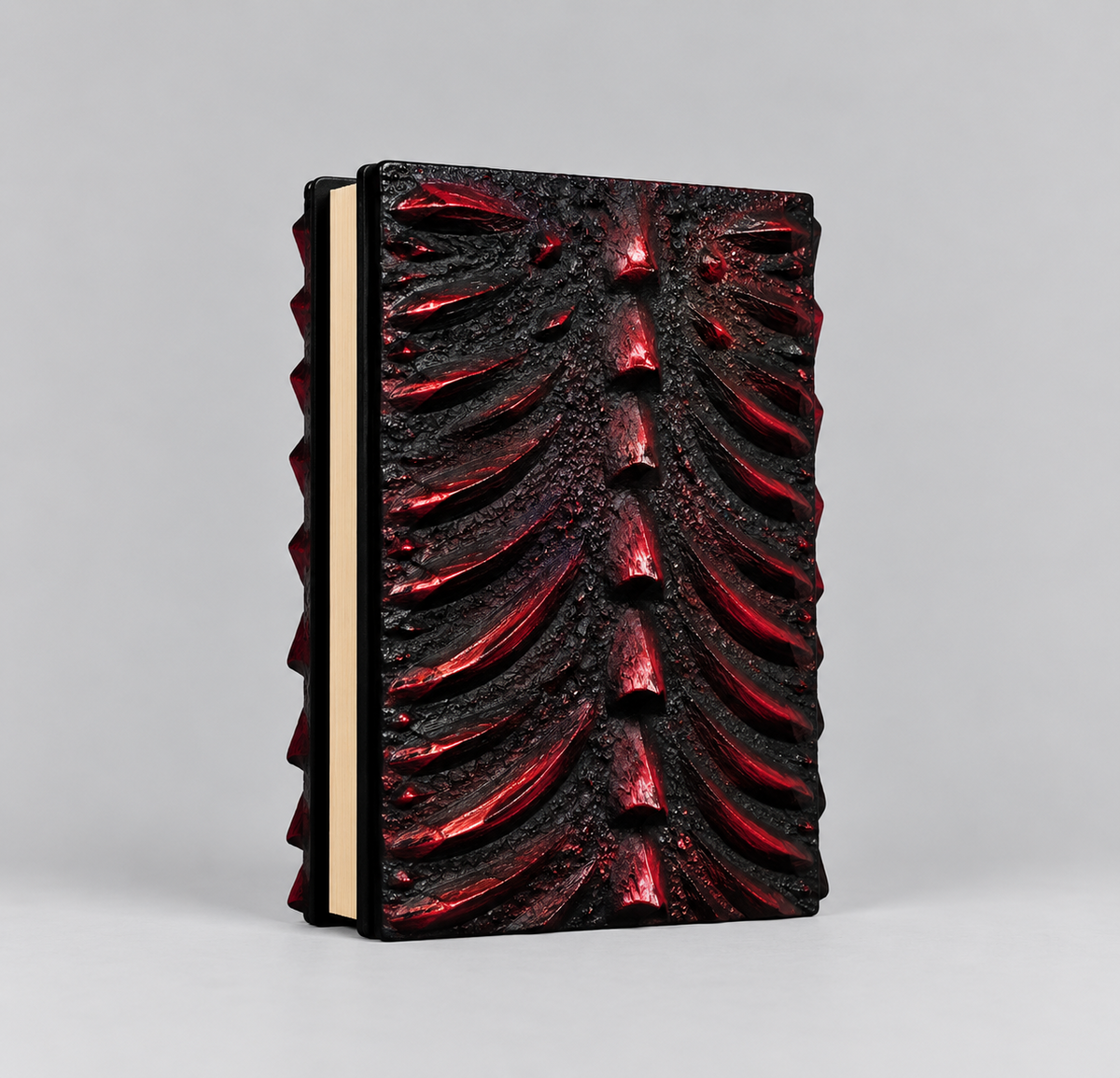 Back cover of the red dragon journal with a sculpted resin dragon spine
